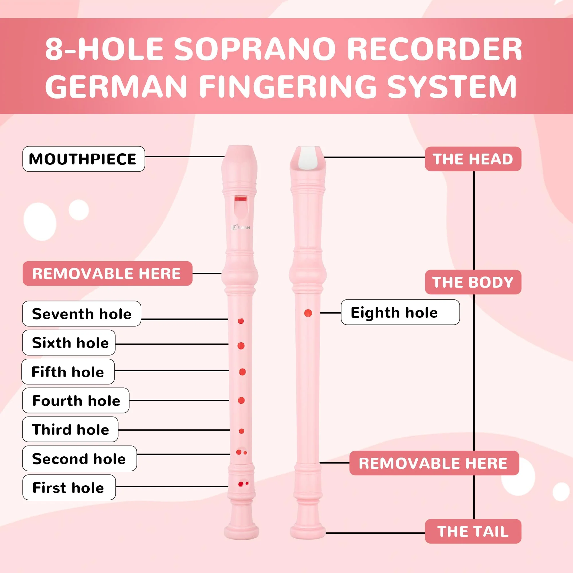 SWAN Soprano Recorder Instrument for Beginners Kids Student - German Fingering 8 Hole Flute Detachable 3pcs ABS Descant Recorders with Cleaning Rod and Fingering Chart, SW8K, Baby Pink 8 hole flute (German Fingering) Bbay Pink - Image 4