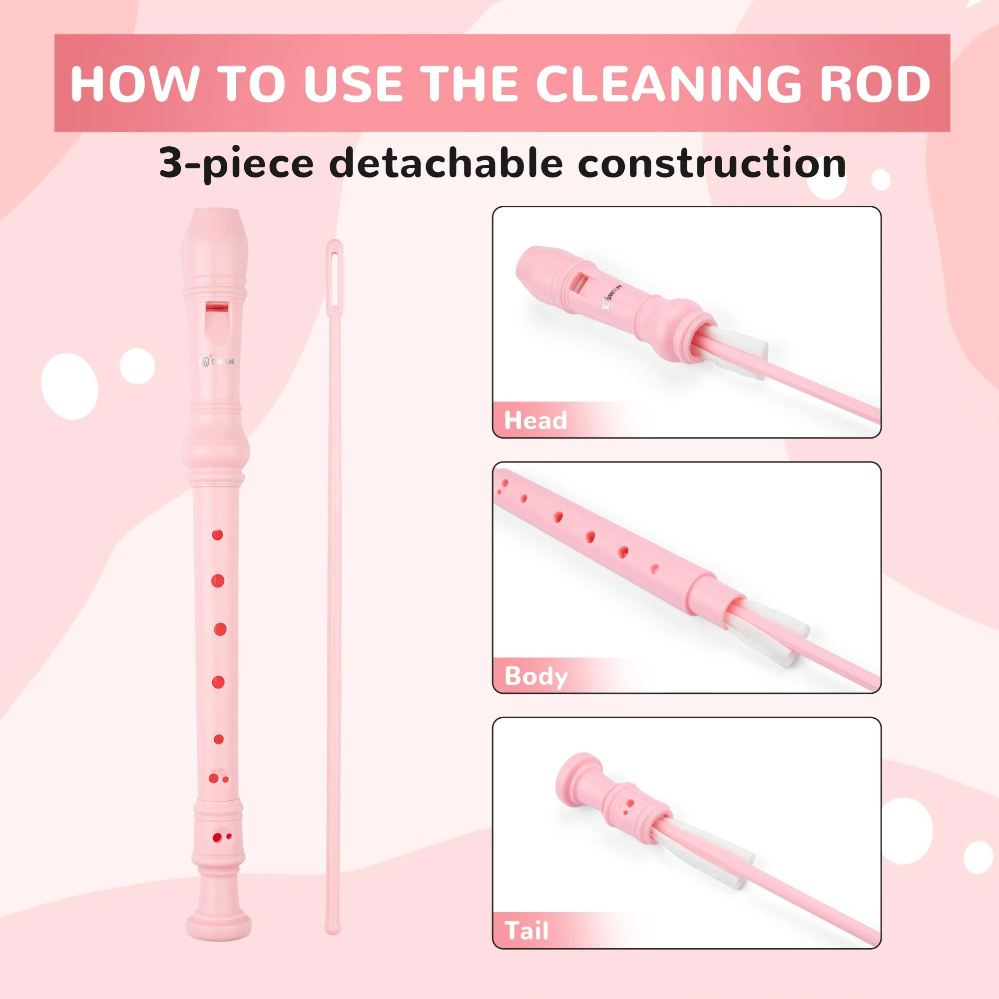 SWAN Soprano Recorder Instrument for Beginners Kids Student - German Fingering 8 Hole Flute Detachable 3pcs ABS Descant Recorders with Cleaning Rod and Fingering Chart, SW8K, Baby Pink 8 hole flute (German Fingering) Bbay Pink - Image 5