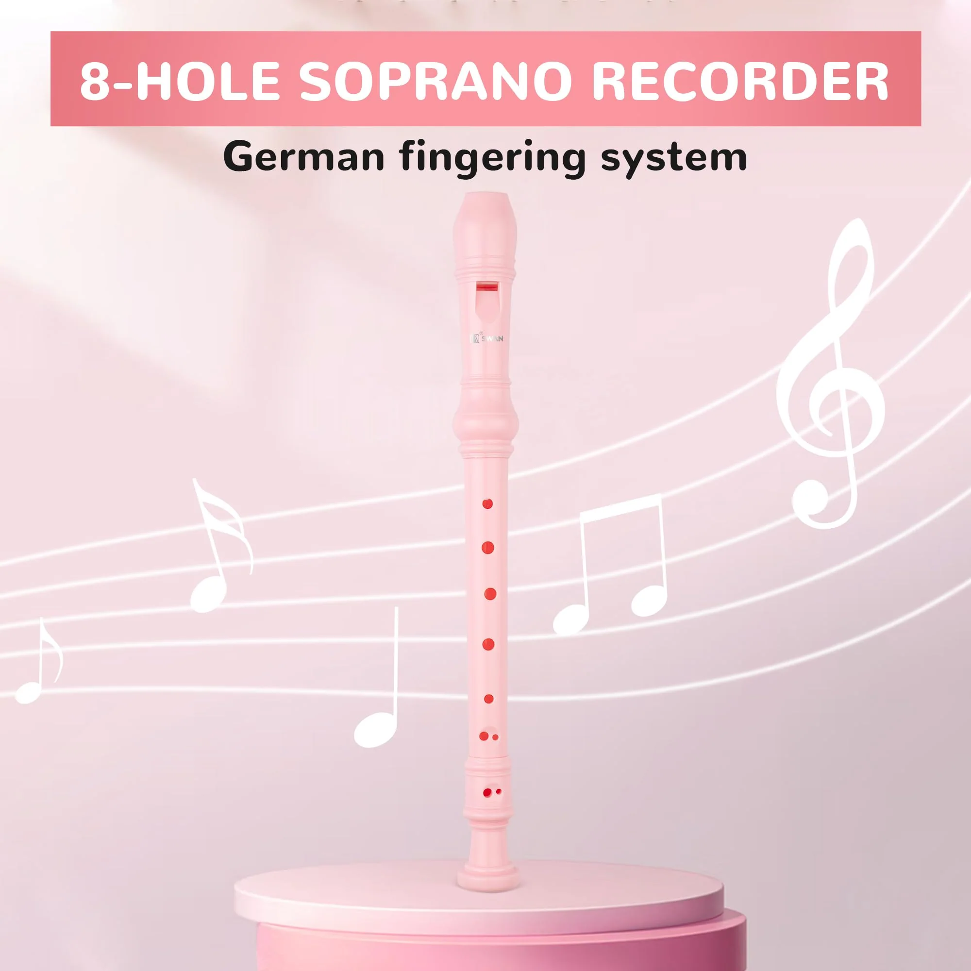 SWAN Soprano Recorder Instrument for Beginners Kids Student - German Fingering 8 Hole Flute Detachable 3pcs ABS Descant Recorders with Cleaning Rod and Fingering Chart, SW8K, Baby Pink 8 hole flute (German Fingering) Bbay Pink - Image 6