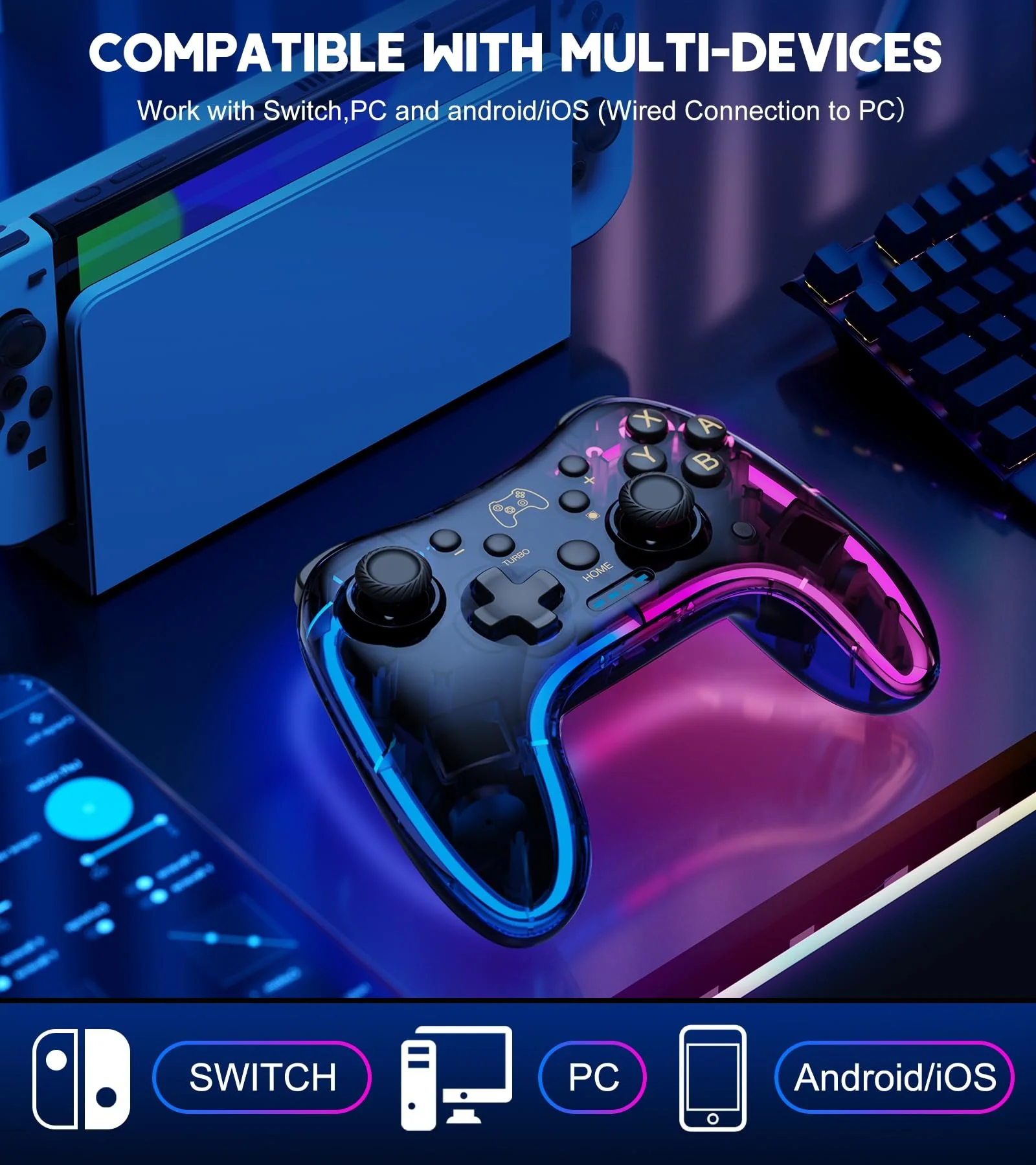 Switch Controller Compatible with Switch/Lite/OLED Controller, Switch Pro Controller With RGB Breathing LED, Switch Controllers Remote Supports Multi-Platform&App with Turbo, Wake-up Function Transparent - Image 3