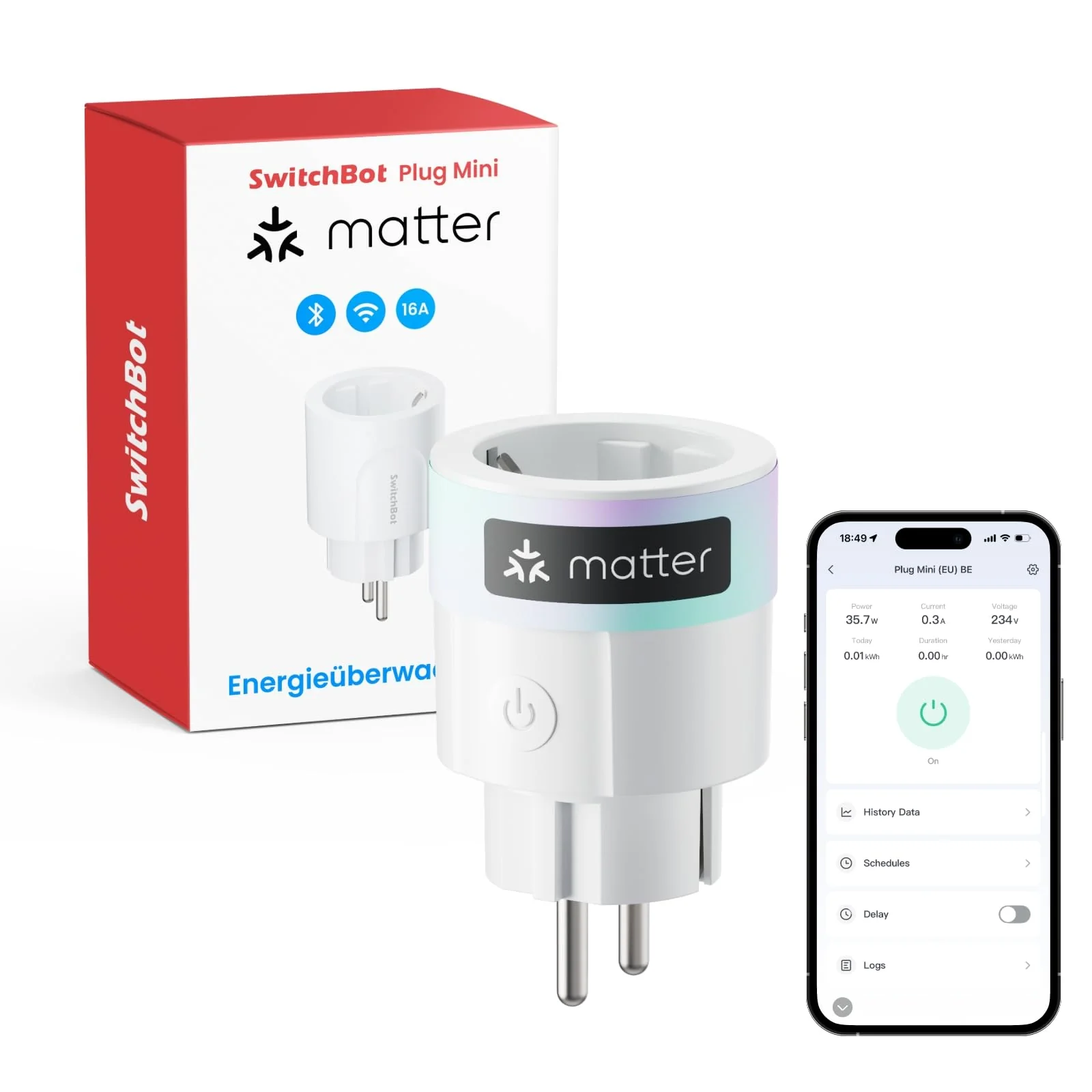 SwitchBot Plug Mini Matter Enabled with Power Monitoring, WiFi & Bluetooth Control, Compatible with Alexa, Google Home, Apple Home and Home Assistant, Voice Control & App Access, 16A Type-F 1 Pack