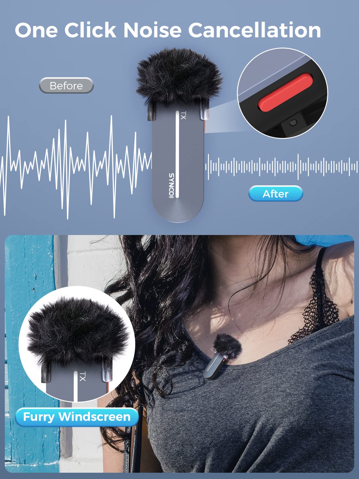 SYNCO Wireless Lavalier Microphone for iPhone, P1L Lapel Mic with Noise Canceling Voice Changer with Charging Case Plug & Play for Video Recording Interview, Wireless-Lavalier-Lapel-Microphone-iPhone Blue - Image 2