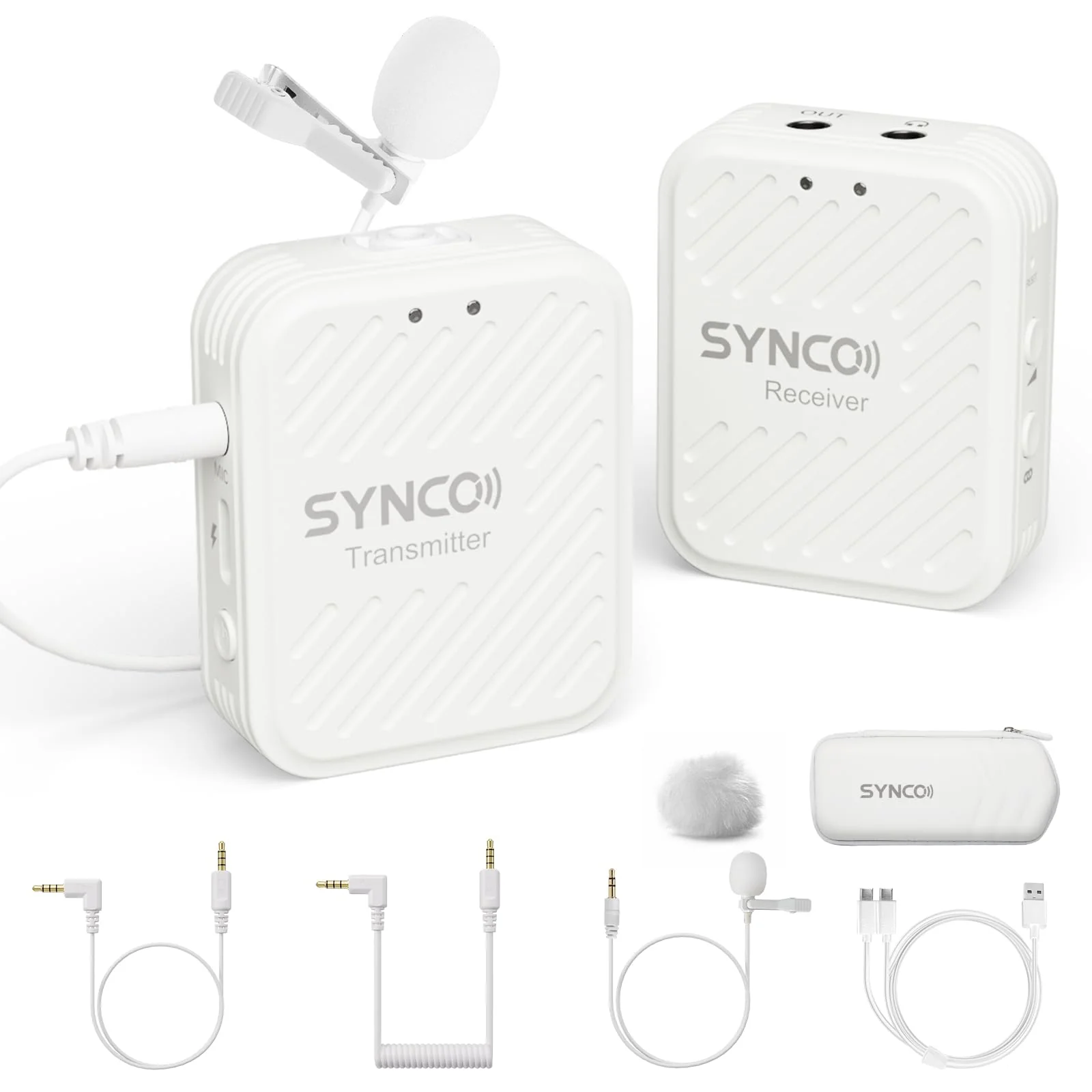 SYNCO Wireless Lavalier Microphone White, Microfonos Inalambricos Professional 3.5mm TRS 2.4GHz 70m Transmission Range Noise Cancellation Receiver and Transmitter