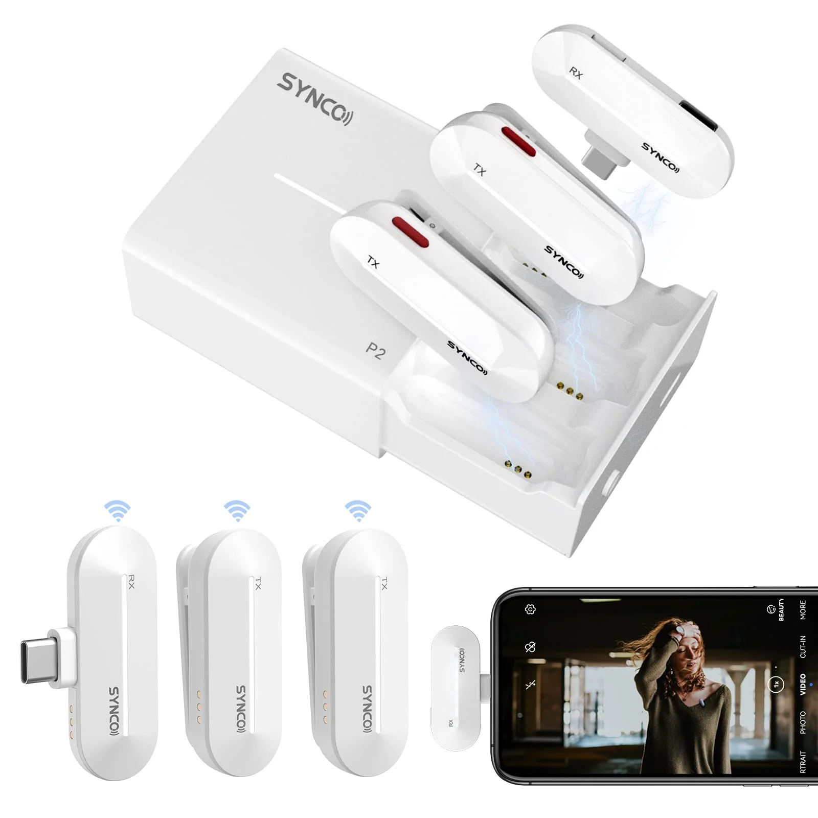 SYNCO Wireless Microphone, P2T 2.4GHz Dual Mic with Charging Case 2TX 1RX for Type C USB C Smartphone Plug Play YouTube TIK Tok Live Streaming Vlog, Wireless-Lavalier-Microphone-Lapel-Smartphone White
