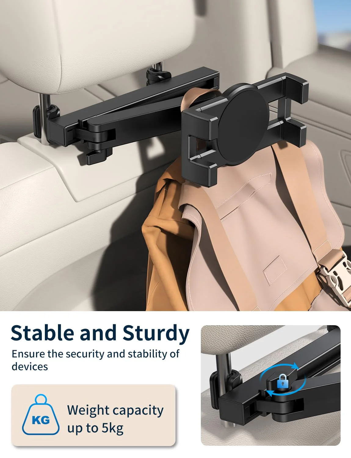 Tablet Holder for Car Headrest, [3 in 1 Adjustable Extension Arm] iPad Car Mount for Back Seat, Road Trip Essentials for Kids, for 4.7-12.9" Tablet Like iPad Pro, Air, Mini, Galaxy, Fire HD Tablet - Image 5