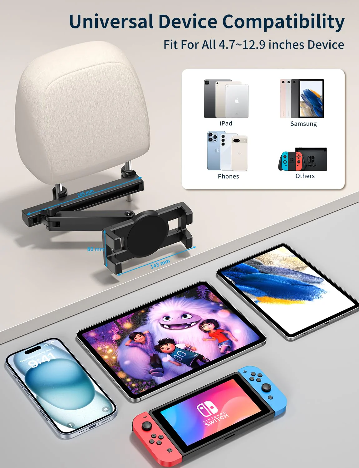 Tablet Holder for Car Headrest, [3 in 1 Adjustable Extension Arm] iPad Car Mount for Back Seat, Road Trip Essentials for Kids, for 4.7-12.9" Tablet Like iPad Pro, Air, Mini, Galaxy, Fire HD Tablet - Image 7