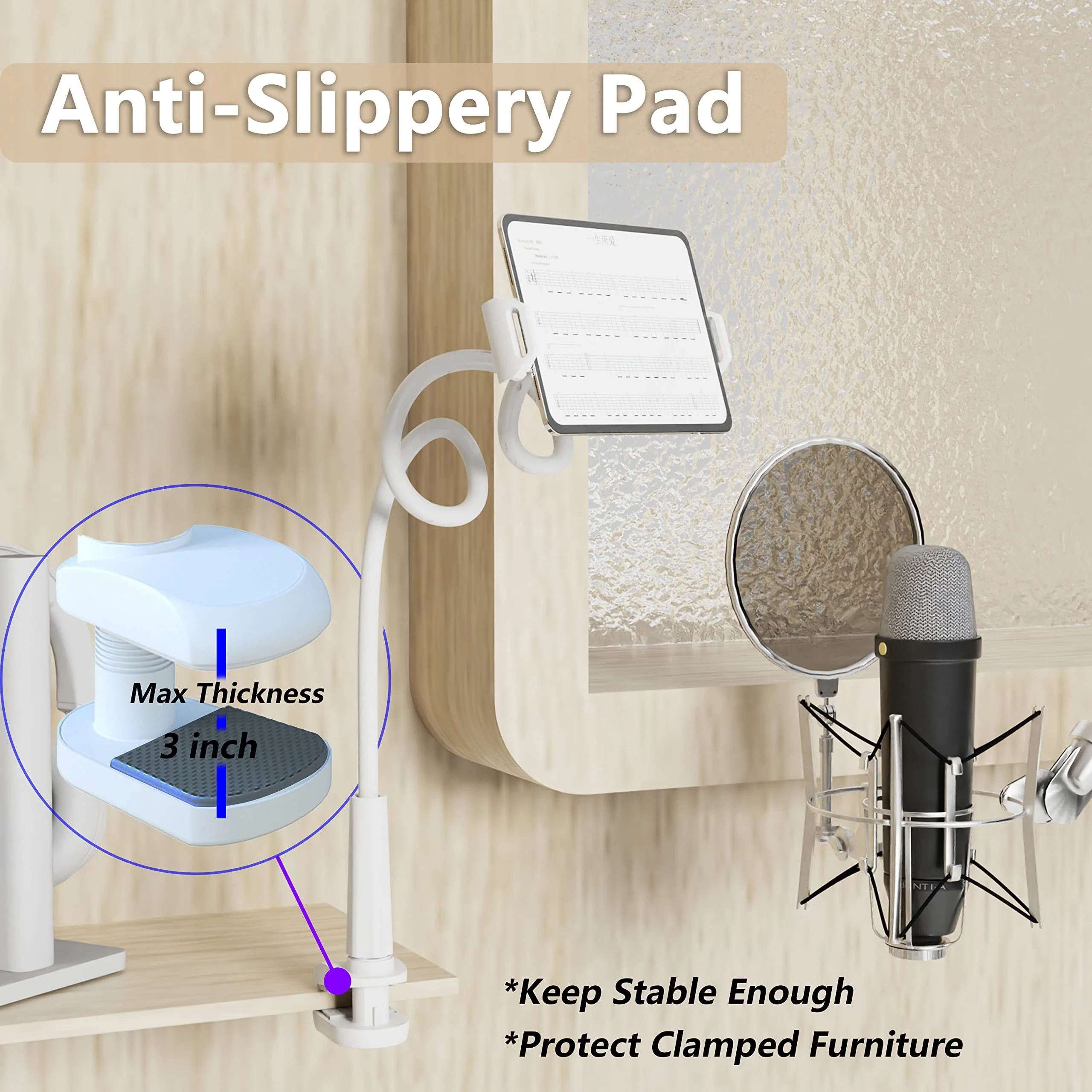 Tablet Stand Holder, Mount Holder Clip with Grip Flexible Long Arm Gooseneck Compatible with ipad iPhone/Nintendo Switch/Samsung Galaxy Tabs/Amazon Kindle Fire HD (New White) NEW WHITE - Image 5