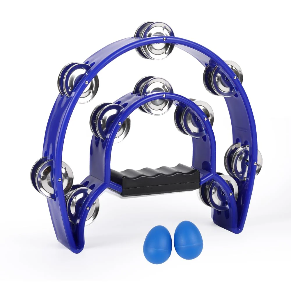Tambourine Musical Instrument with Egg Shakers - Double Row Metal Jingles Tambourines Half Moon Handheld Percussion Gift for Adults Church Musical Education KTV Party Dance (Blue) Blue