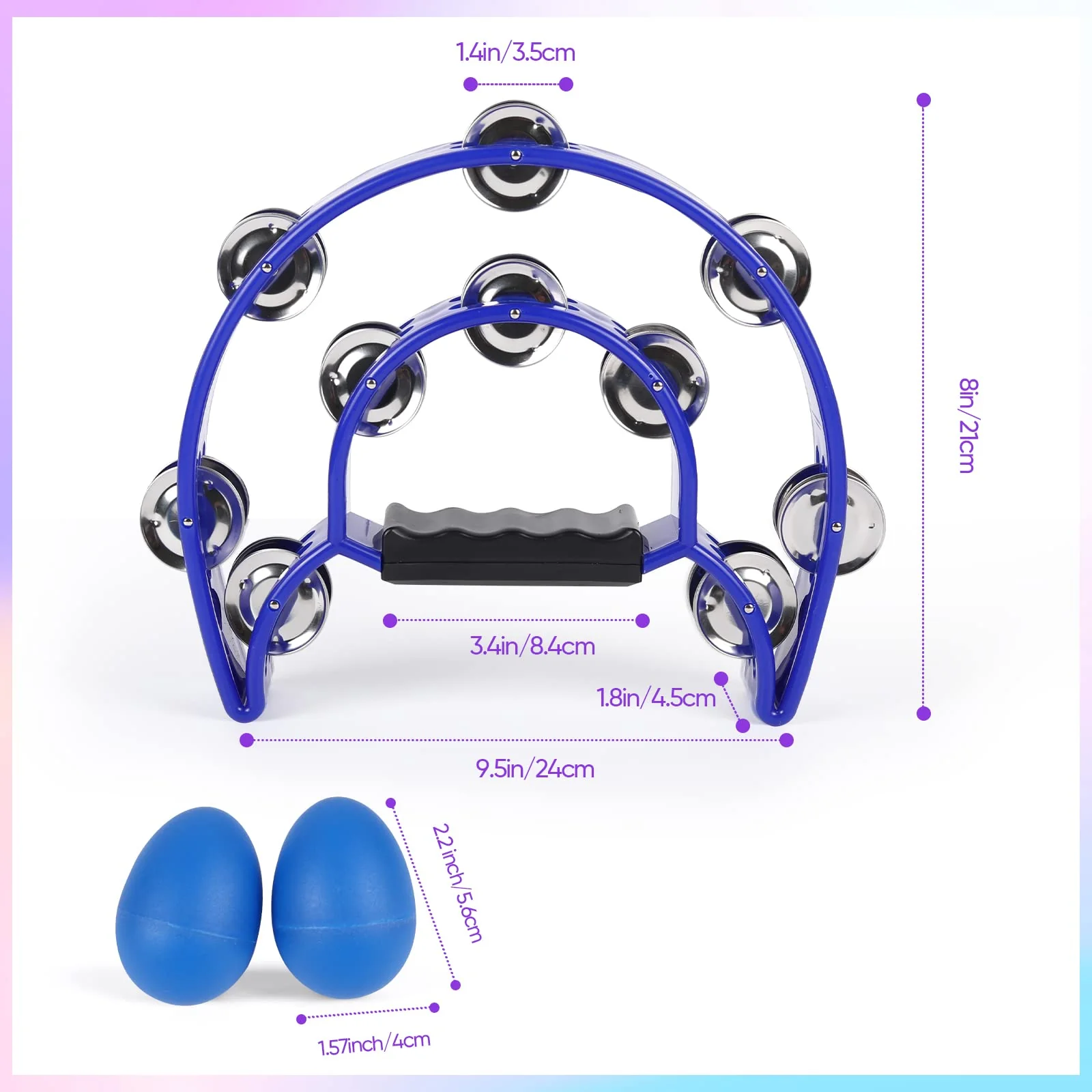 Tambourine Musical Instrument with Egg Shakers - Double Row Metal Jingles Tambourines Half Moon Handheld Percussion Gift for Adults Church Musical Education KTV Party Dance (Blue) Blue - Image 2