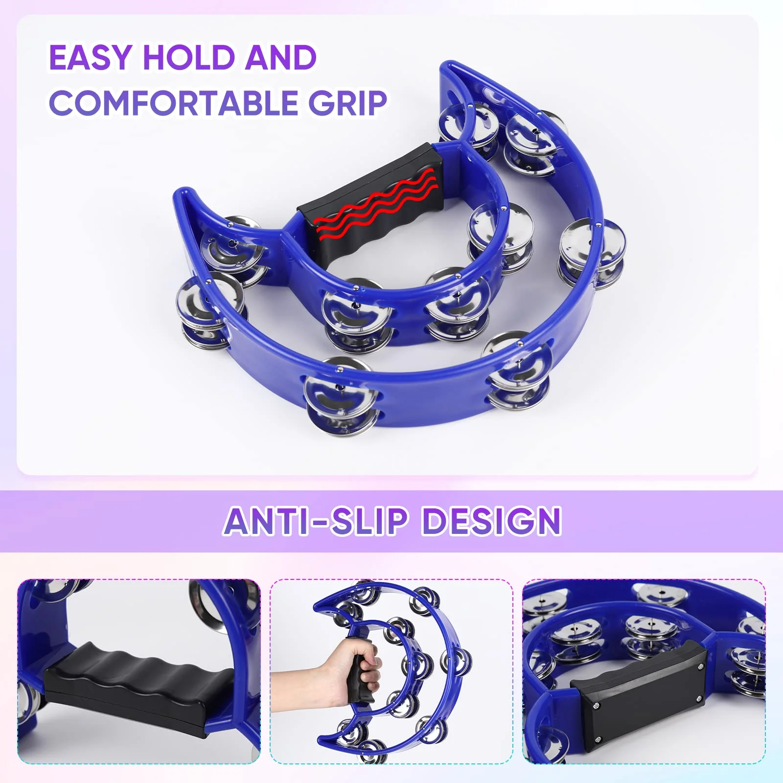 Tambourine Musical Instrument with Egg Shakers - Double Row Metal Jingles Tambourines Half Moon Handheld Percussion Gift for Adults Church Musical Education KTV Party Dance (Blue) Blue - Image 3