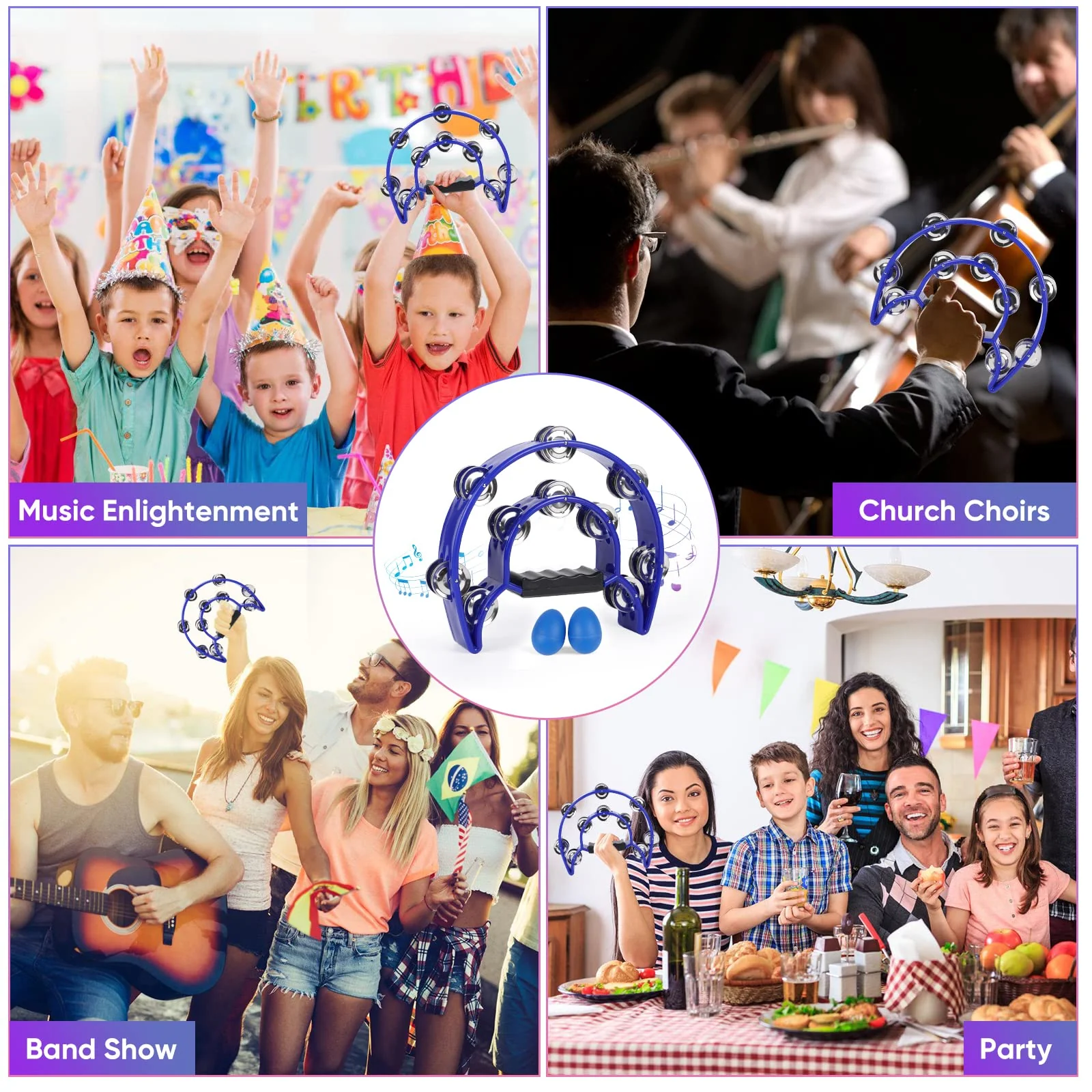 Tambourine Musical Instrument with Egg Shakers - Double Row Metal Jingles Tambourines Half Moon Handheld Percussion Gift for Adults Church Musical Education KTV Party Dance (Blue) Blue - Image 7