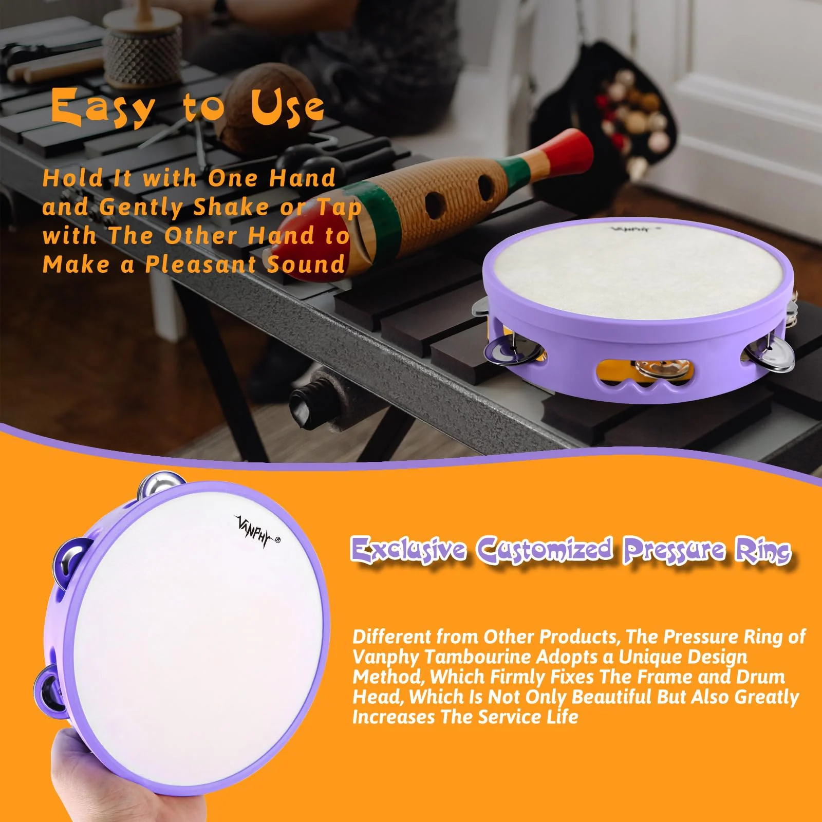 Tambourines for beginners Hand Held Tambourine Drum 8 inch Metal Jingles Percussion Musical Instruments for Accompaniments and Christmas Decorations(Purple) single purple - Image 3