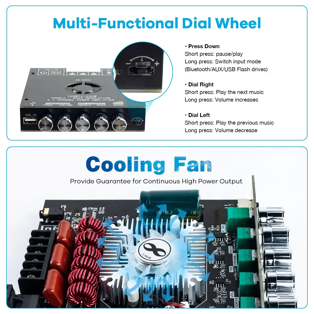 TDA7498E Bluetooth Amplifier Board 160W×2+220W Subwoofer 2.1 Channel Audio Receiver Power Amplifier Module with Treble and Bass Control for DIY Speakers - Image 4