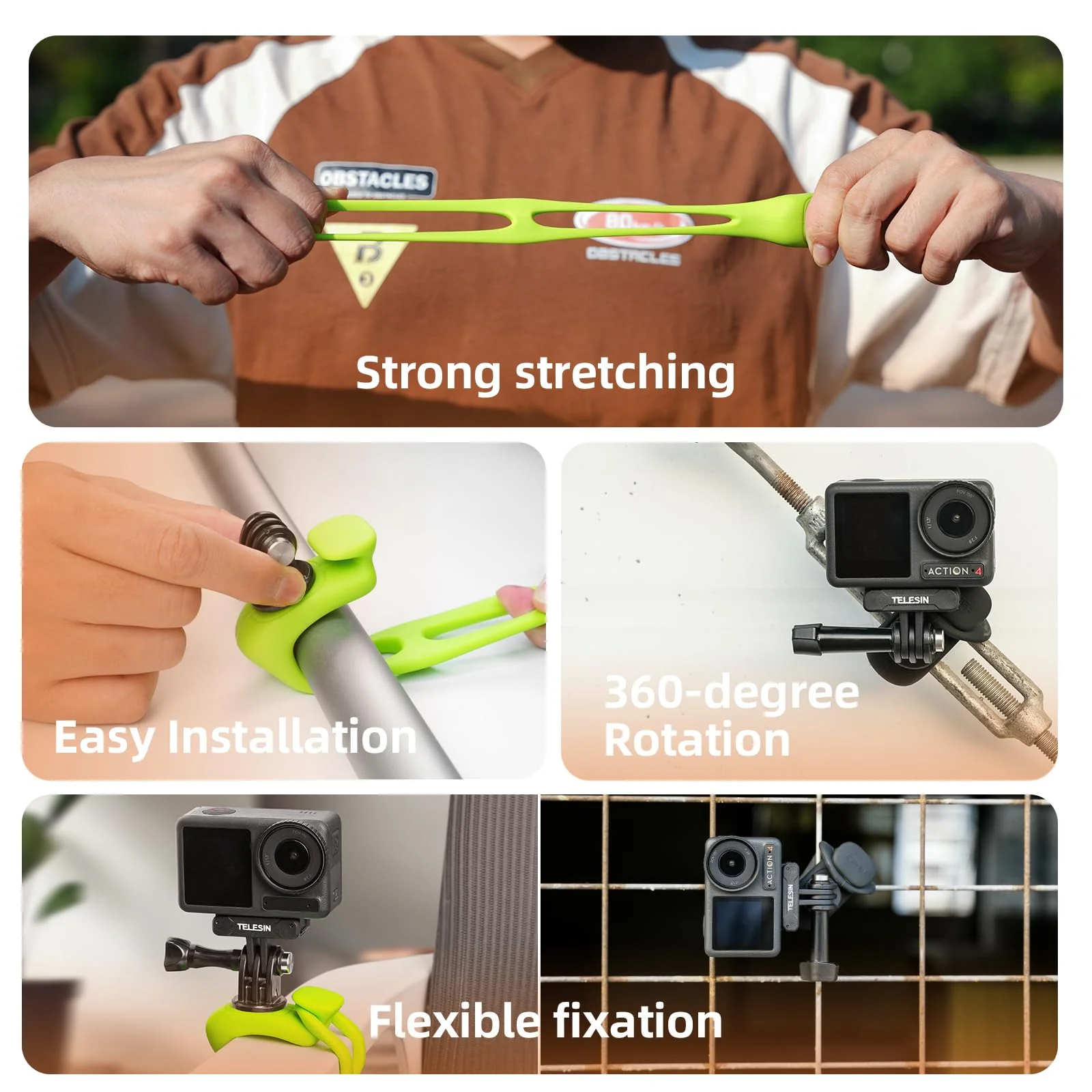 TELESIN Camera Flexible Mount 360 Strap Mount Wrap Band for GoPro Insta360 DJI Action Osmo Pocket Bike Motorcycle Handlebar Roll Bar Tube Clip Holder Attach Accessories Green - Image 5