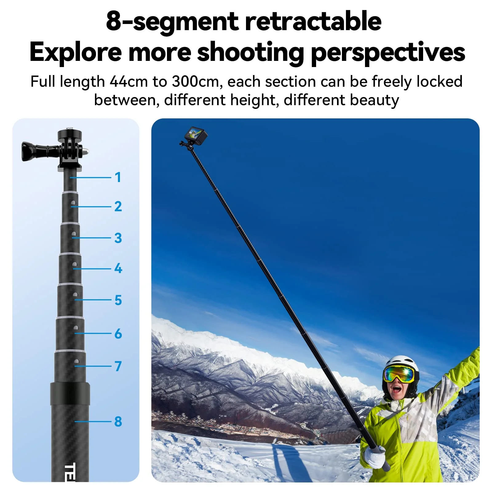 TELESIN G3 Selfie Stick Pole Long Invisible (118"/3M), Carbon Fiber Waterproof Underwater Monopod for GoPro Max Hero 13 12 11 10 9 8, Insta360 X3 Go3 Ace Pro, DJI Action Pocket Bike Motorcycle G3 118inch - Image 4