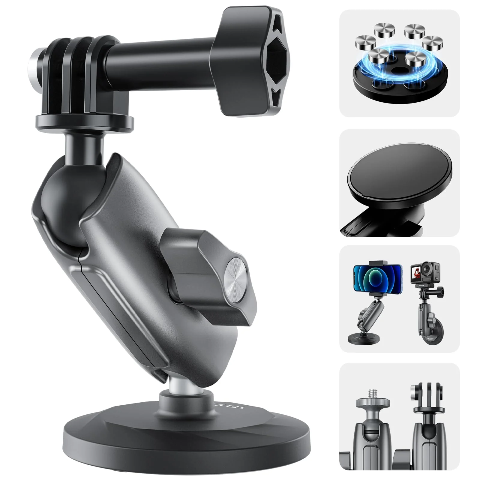 TELESIN Magnetic Mount Magnet Metal Mounts Accessories for Action Camera, 360 Quick Release Car Holder Attach for GoPro Max Hero 12 11 10 9 8 7 6 Insta360 X2 X3 Go3 Ace Pro DJI Action 4 Osmo Pocket 3 Magnetic Car Mount