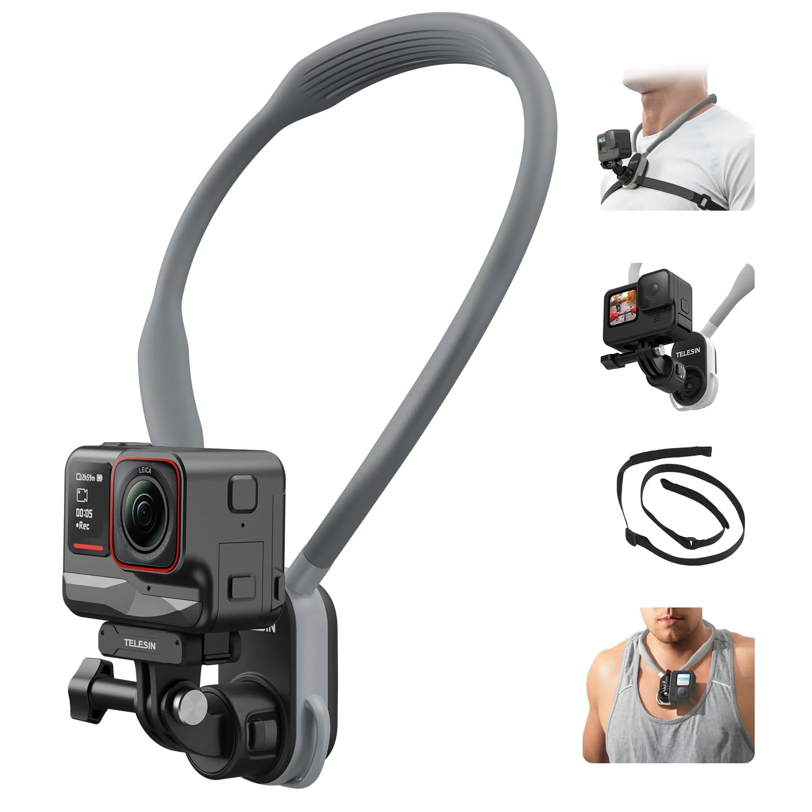 TELESIN S2 Plus Quick Release Magnetic Neck Mount with Fixing Chest Strap, Necklace Lanyard Holder for GoPro Max 12 11 10 9 8 7 6 Insta360 X3 X4 GO3 Ace Pro DJI Action 3 4 Osmo Pocket 3 Accessories 23.62" Collar