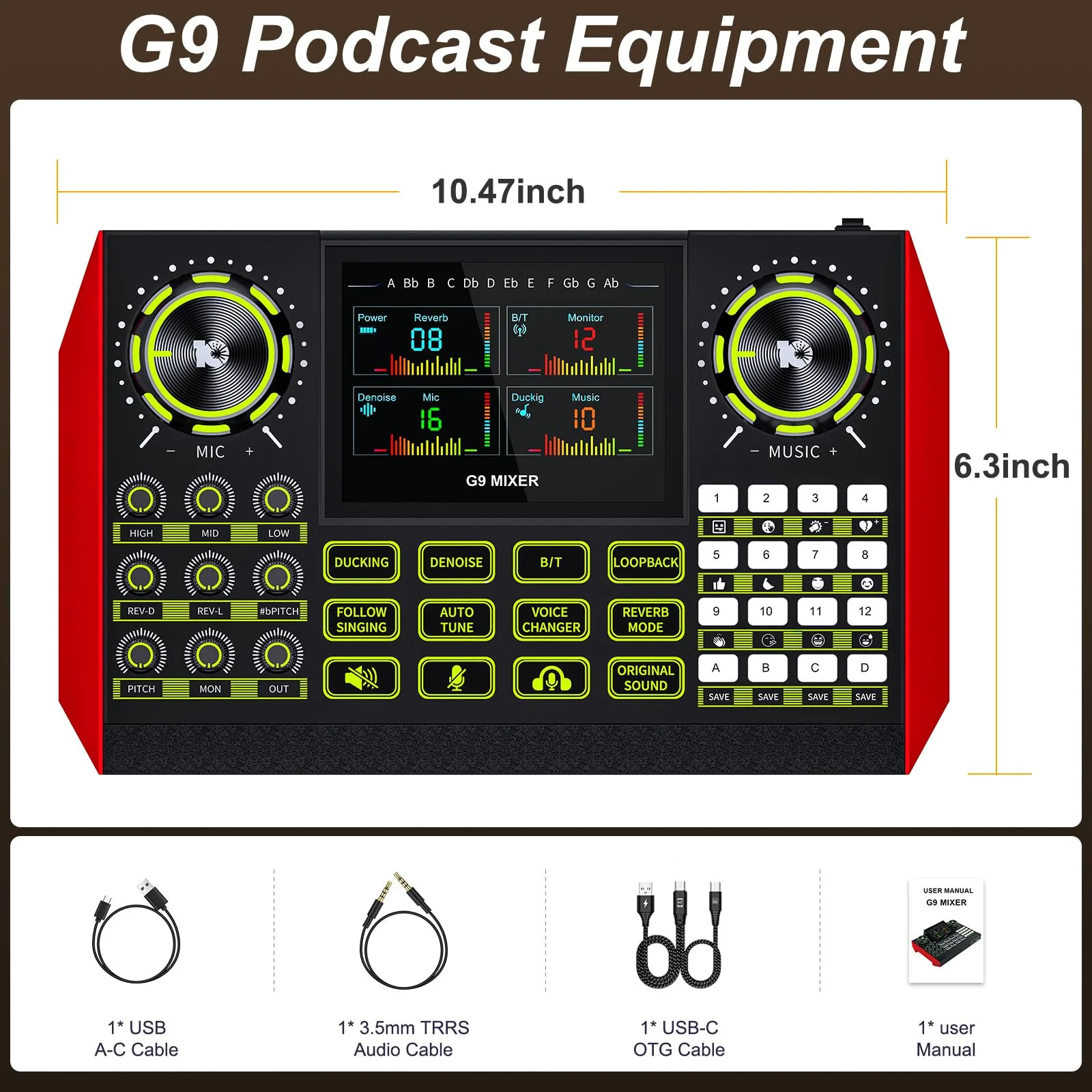 Tenlamp G9 Podcast Equipment Audio Mixer, Live Sound Card Console with Microphone 3.5/6.35mm Audio Interfaces, Voice Changer, Noise Reduction - Image 8