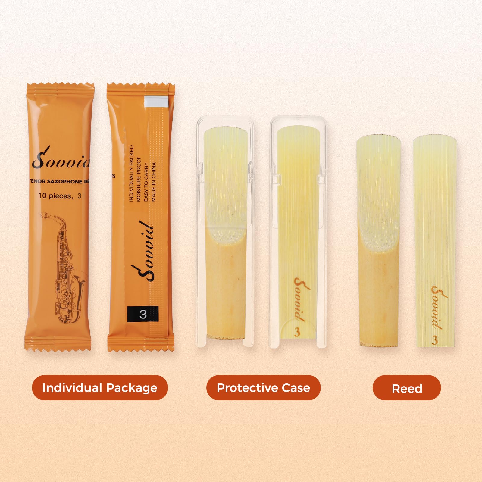 Tenor Saxophone Reeds Strength 3.0 with Portable Reed Case, Box of 10, Individually Packaged Tenor Sax Reeds, Laser Engraved Marking & Thinner Reed Tip & Unfiled Cut for Ease of Play - Image 3