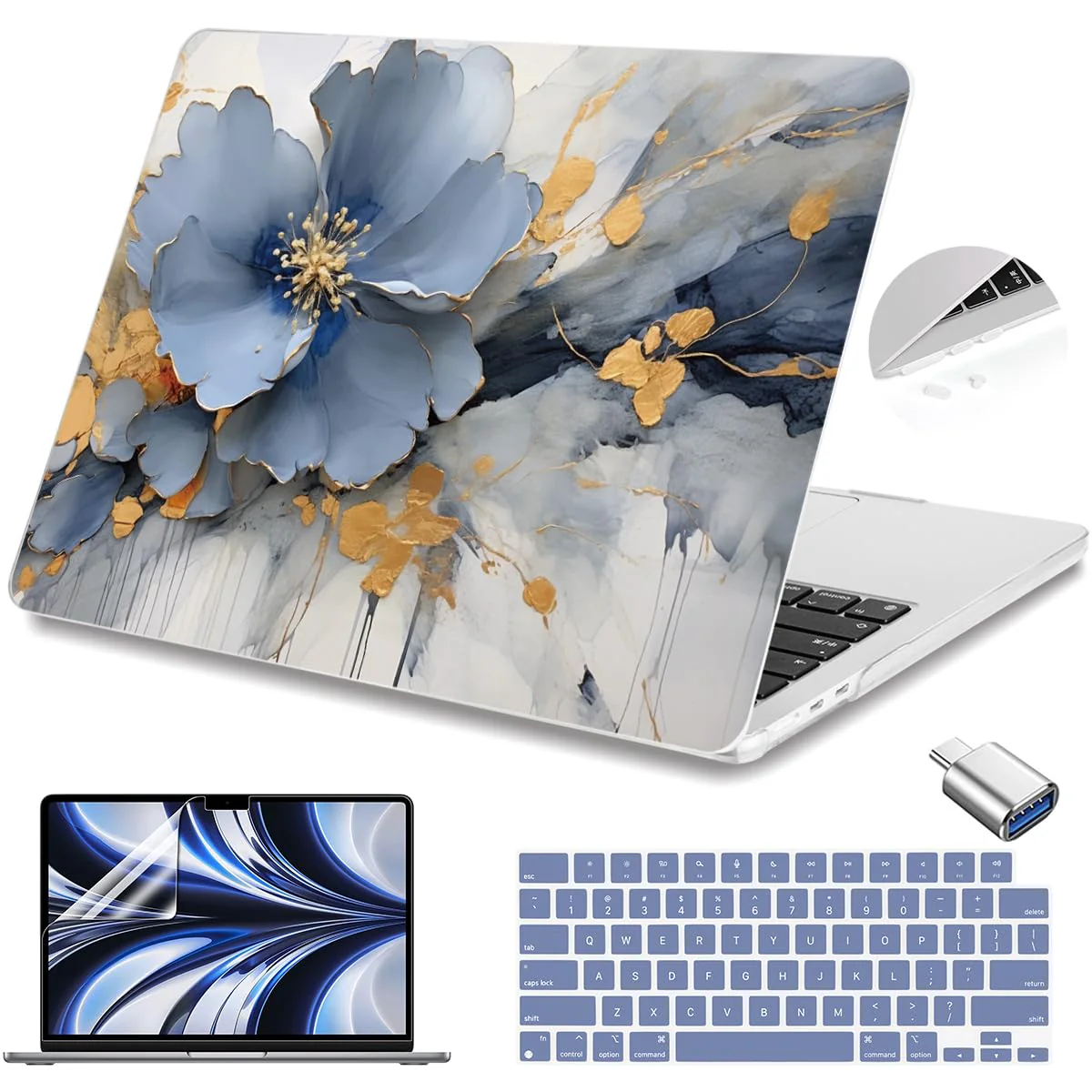 Teryeefi Compatible with A2681 MacBook Air 13.6 inch Case M2 Chip Release 2022 2023 2024,Protective Slim Cover + Keyboard Cover+OTG Adapter for 13.6 inch MacBook Air Liquid Retina Display, Art Florals Art Flowers