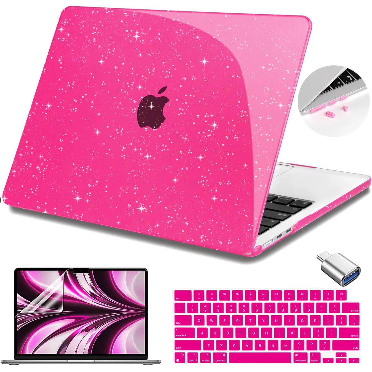Teryeefi Glitter Case for MacBook Air 13 Inch M3 M2 Chip Release 2022-2024 fits Model A2681/A3113, Hard Shell Case with Keyboard Cover for MacBook Air 13.6 inch, Sparkly Rose Pink