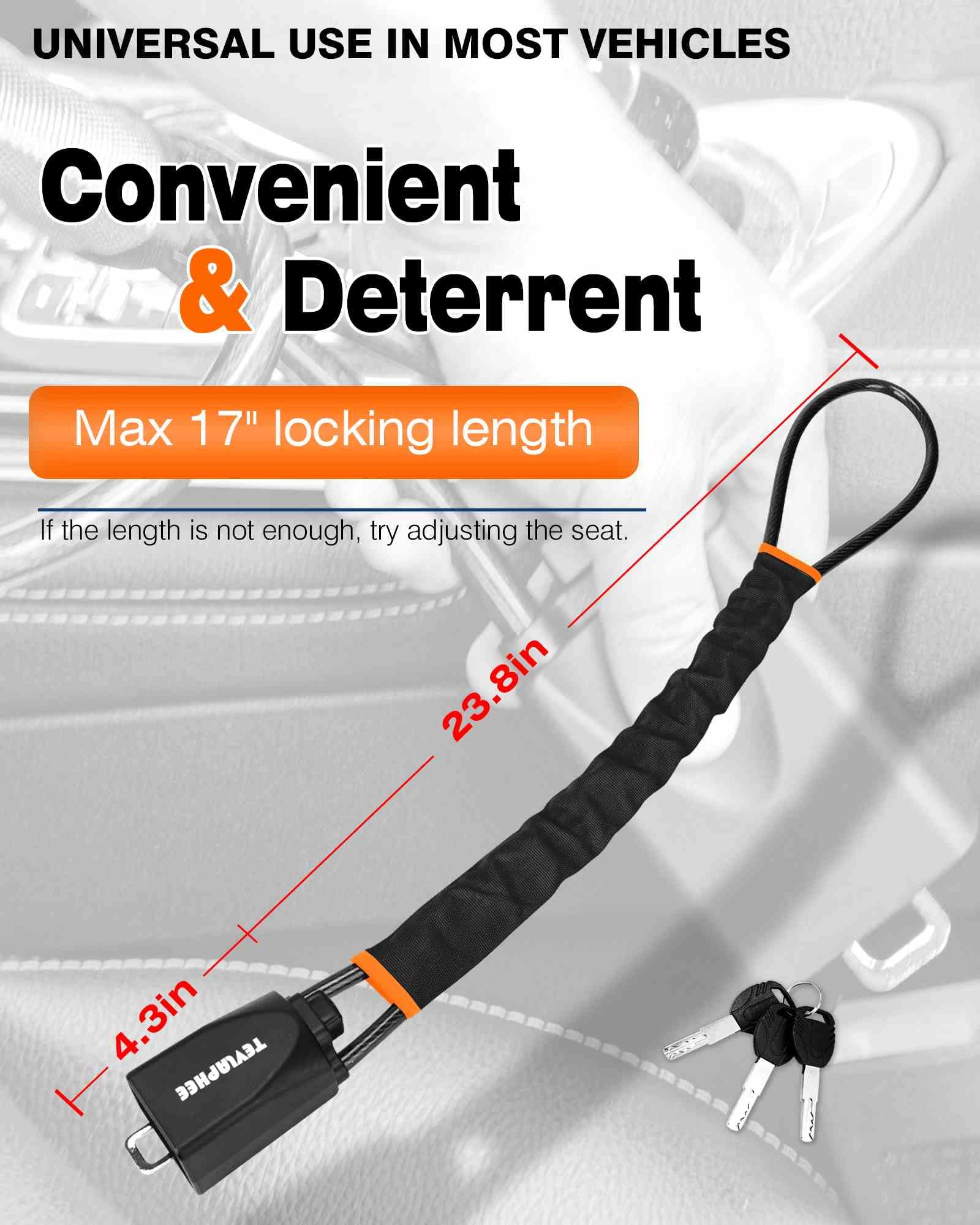 Tevlaphee Steering Wheel Lock Seat Belt Universal Anti Theft Car Device Prevention with 3 Keys for Security Fit Most Vehicles Truck SUV Van(Black) Black - Image 2