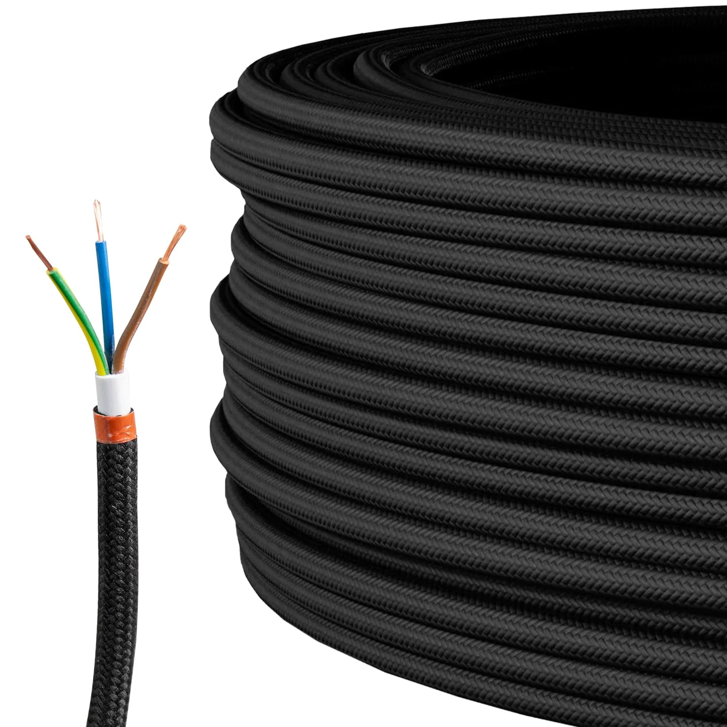 Textile Cable for Lamps, Textile-Coated Round Cable, Three-Core, 3 x 0.75 mm², Gold, black 3 Meter