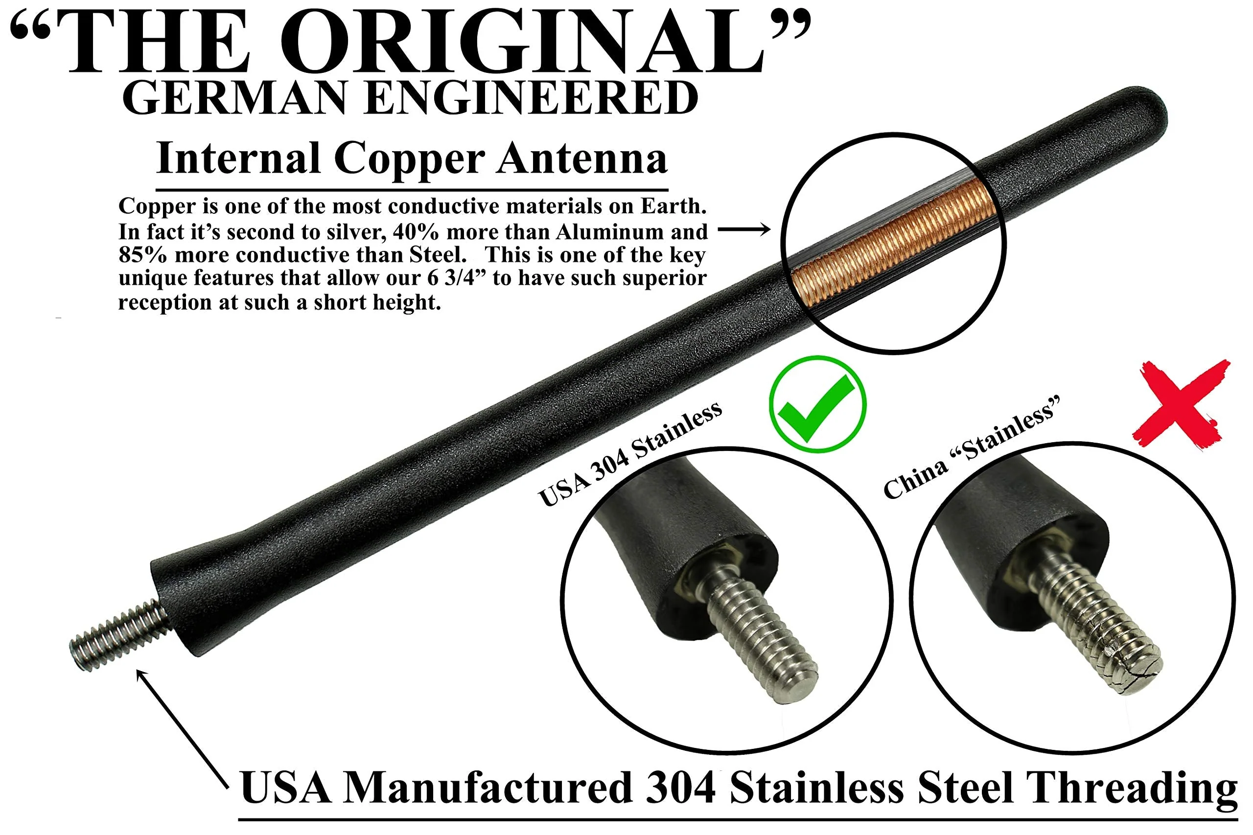 The Original 6 3/4 Inch - Car Wash Proof Short EPDM Rubber Antenna - USA Stainless Steel Threading - Powerful Internal Copper Coil/Premium Reception The Original 6 3/4" Black - Image 3