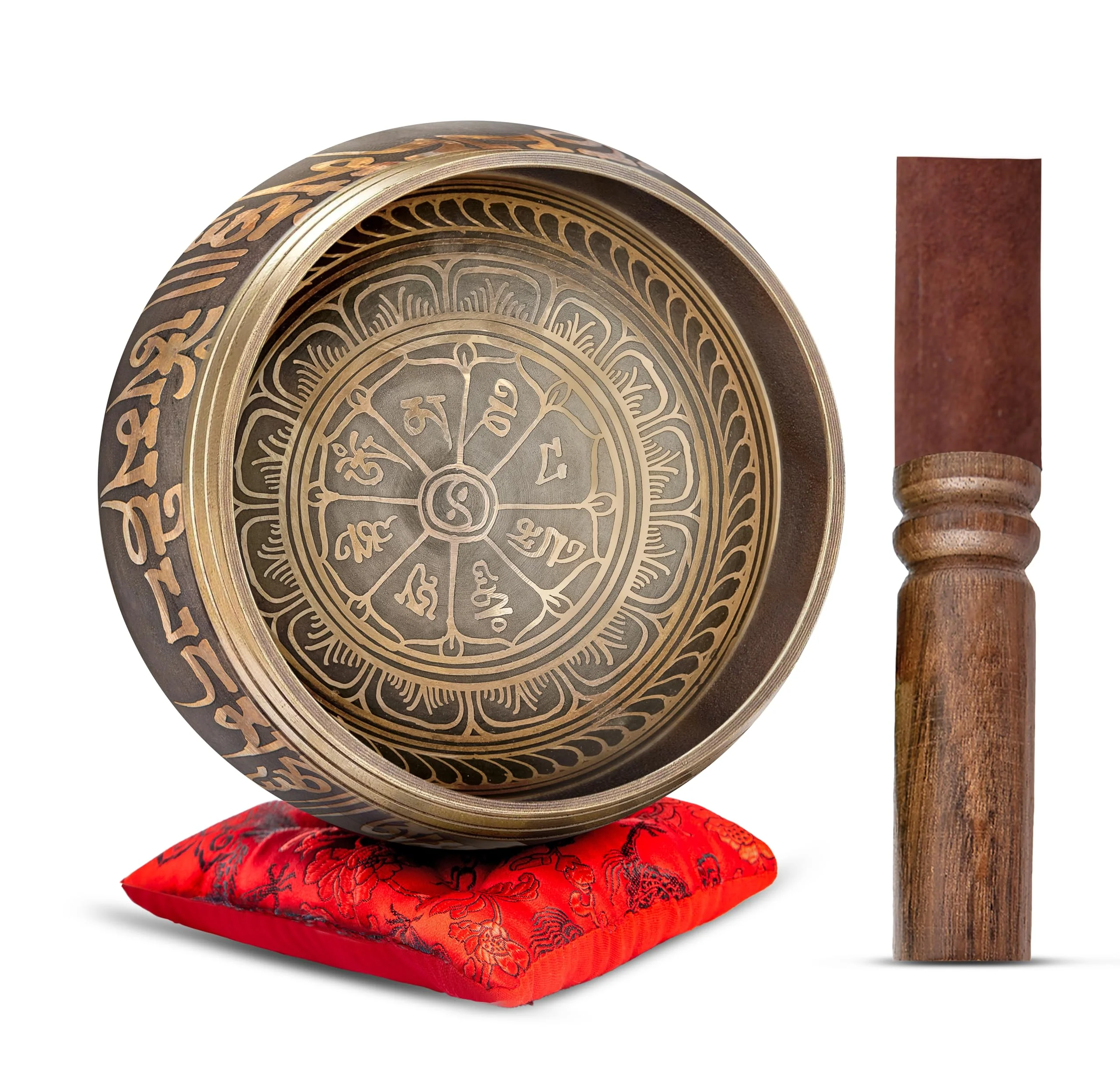 Tibetan Singing Bowl Set Authentic – Handmade in Nepal Sound & Meditation Bowl – Spiritual Decor for Yoga, Wellness Spaces & Relaxation by Himalayan Bazaar (Brown & Red) Brown - Red 4 Inches