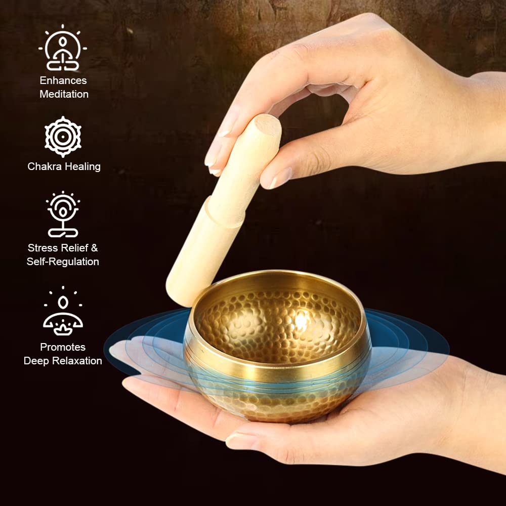 Tibetan Singing Bowl Set - Meditation Sound Bowl Cushion with Wooden Striker for Yoga, Meditation & Relaxation, Mindfulness,Chakra Healing, Stress Relief, Self-Regulation (3 inch) 3 inch - Image 4
