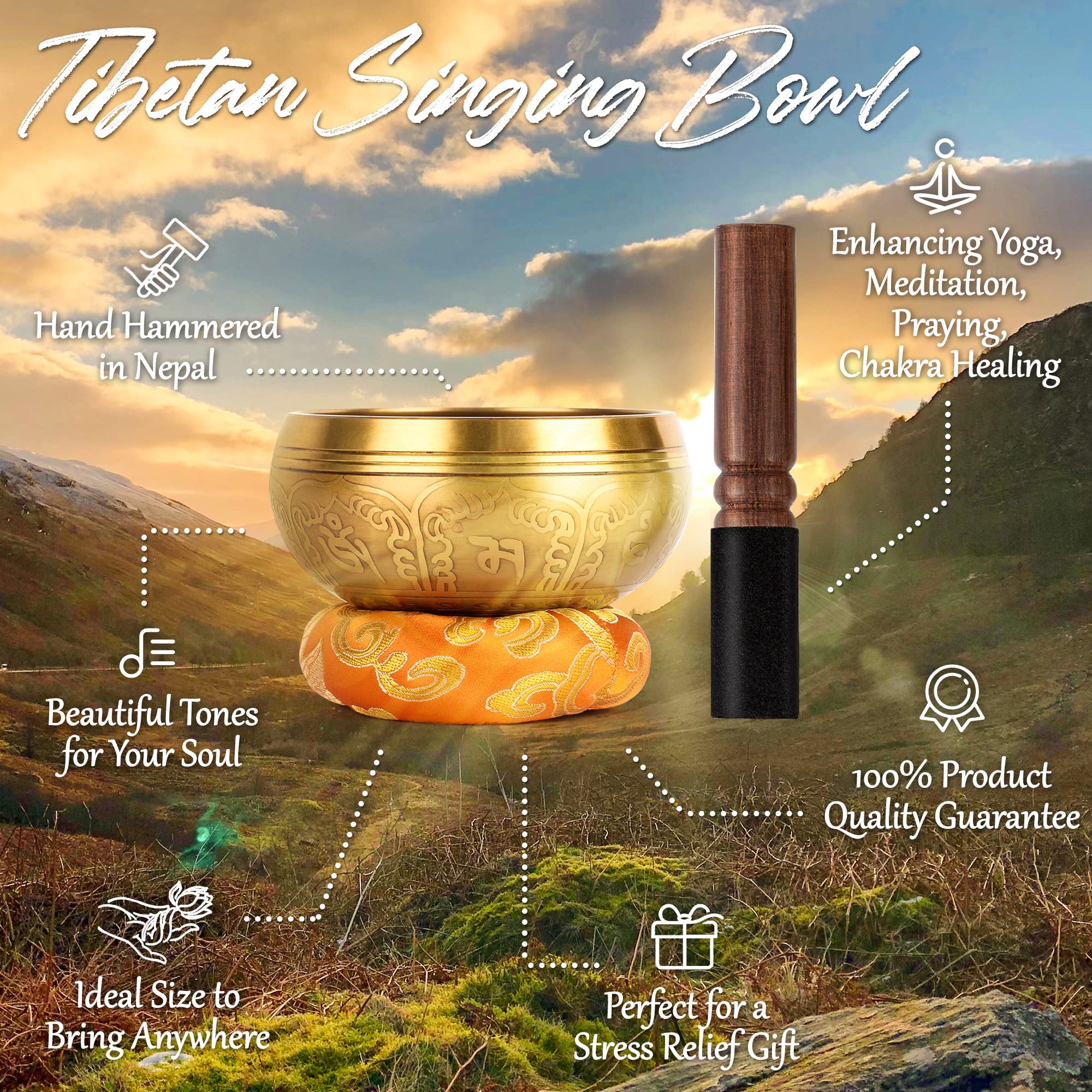 Tibetan Singing Bowls Set-Hand-hammered in Nepal Sound Bowl for Meditation, Yoga, Chakra, Meditation Accessories, Unique Gifts for Women, Men (Yellow, 4 inch) Yellow - Image 2