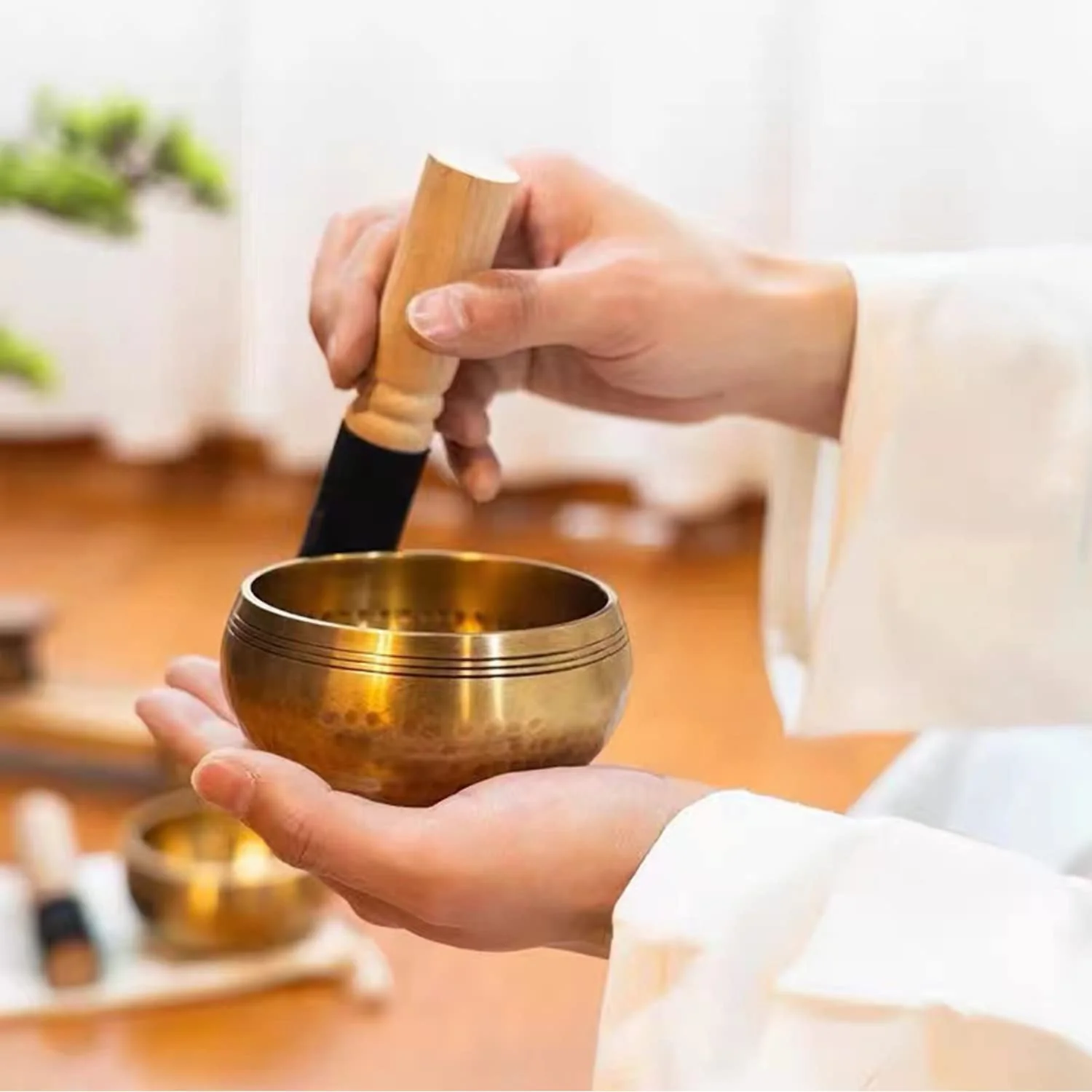 Tibetan Singing Bowls Set, Singing Bowls, Meditation Sound Bowl Handcrafted in Nepal, For Yoga, Meditation, Mindfulness, Healing & Chakra balancing 3.15 inch Gold - Image 5