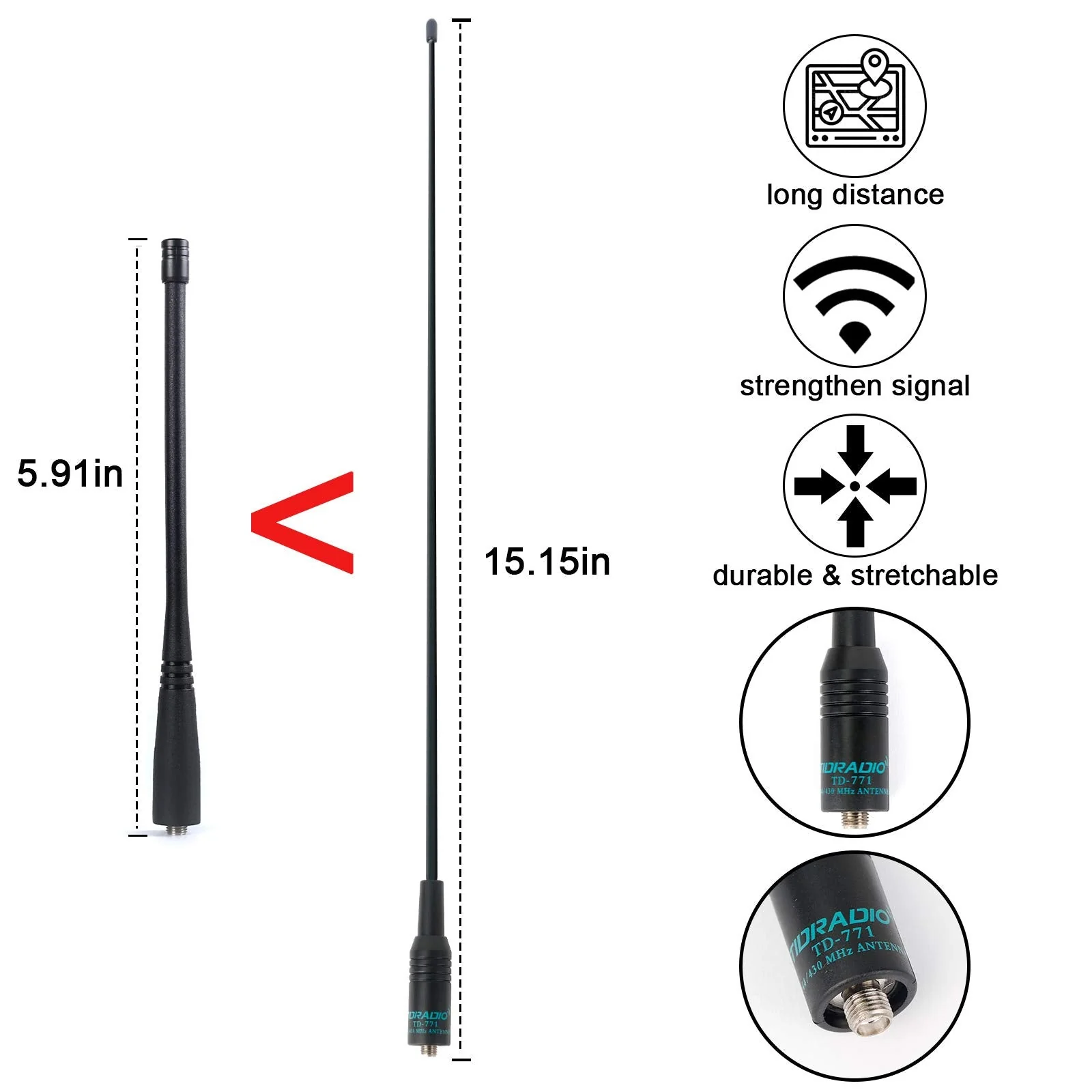 TIDRADIO TD-771 Antenna (2 Pack) VHF/UHF, Walkie Talkie Antenna 144/430Mhz Ham Radio Antenna for BaoFeng UV-5R, 5RM, 5RX, TD-H8, TD-H3, UV-K5 Ham Radios 2Pack (TD-771 15.15" VHF/UHF) - Image 3
