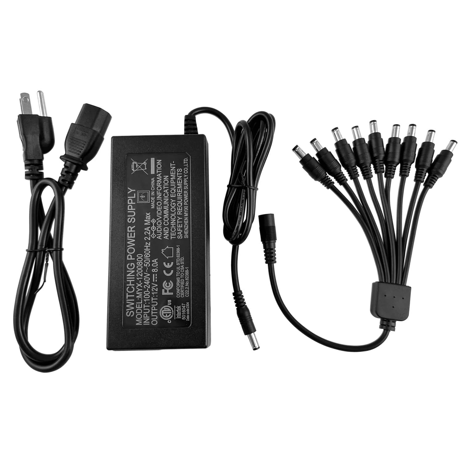 TIGERSECU 12V 8A Power Adapter for Security Cameras and DVRs, with 9-Way Splitter, 100V-240V, 2.1x5.5mm, Compatible with Lorex, Night Owl, Swann IP, BNC, and PTZ Cameras