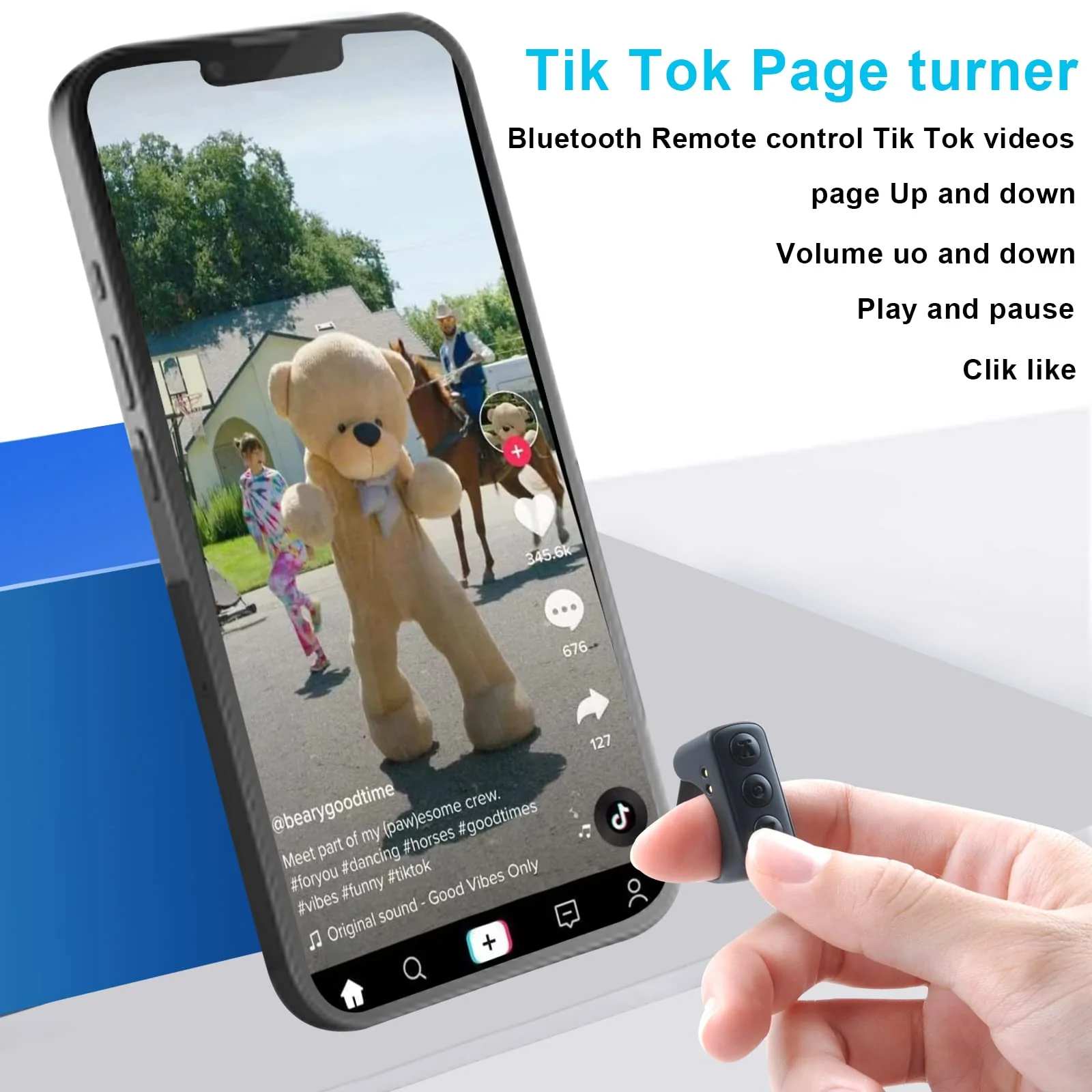 TIK Tok Bluetooth Remote Control Page Turner for iPhone Android Ipad Cell Phone Camera Remote Shutter Selfie Button, Bluetooth Ring (Black) Black - Image 2