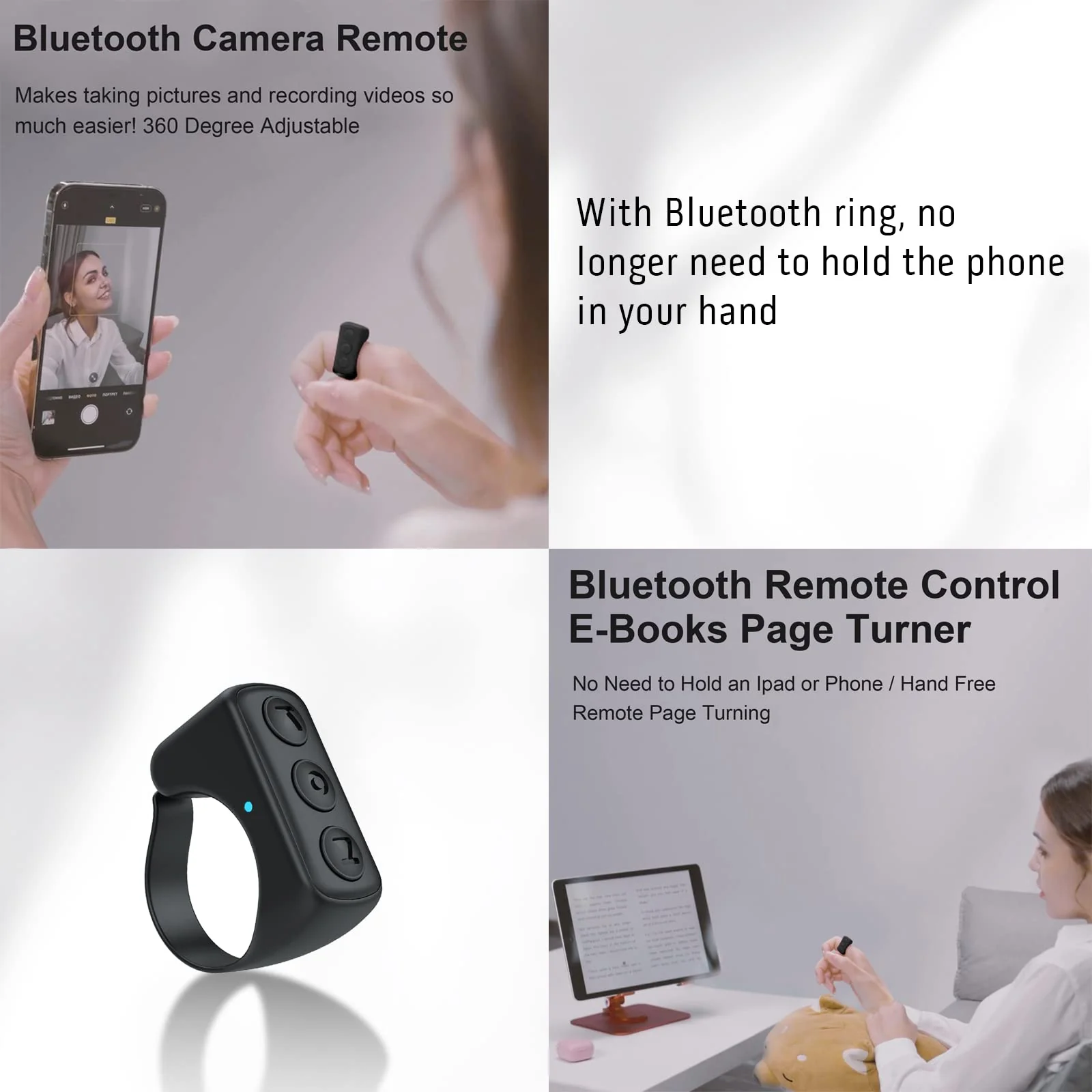 TIK Tok Bluetooth Remote Control Page Turner for iPhone Android Ipad Cell Phone Camera Remote Shutter Selfie Button, Bluetooth Ring (Black) Black - Image 3
