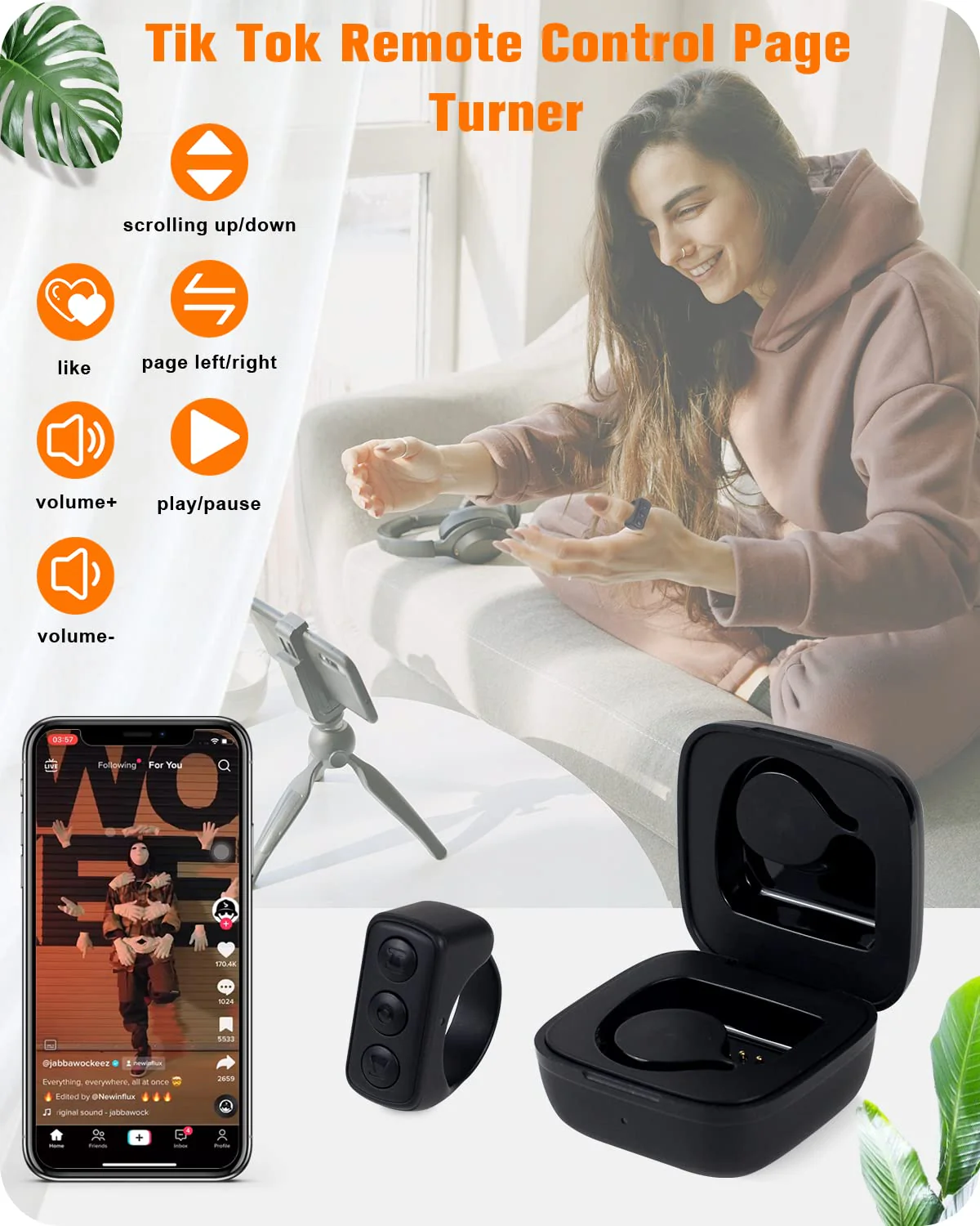 TikTok Remote Control Kindle App Page Turner, Bluetooth Camera Video Recording Remote, TIK Tok Scrolling Ring for iPhone, iPad, iOS, Android - Black - Image 3