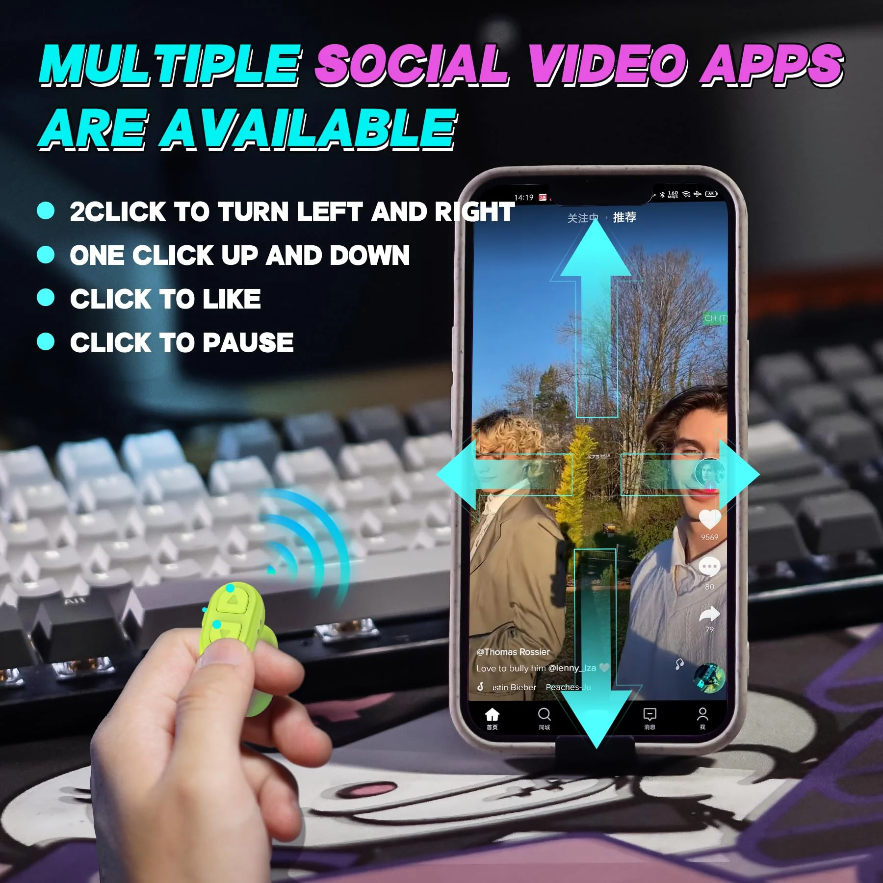Tiktok Trending Bluetooth Smart scrolling Ring Kindle App Remote Page Turner with Cell Phone Stands Wireless Camera Shutter Selfie Button - Compatible with iPhone Ipad Android (Lake Green) Lake Green - Image 2