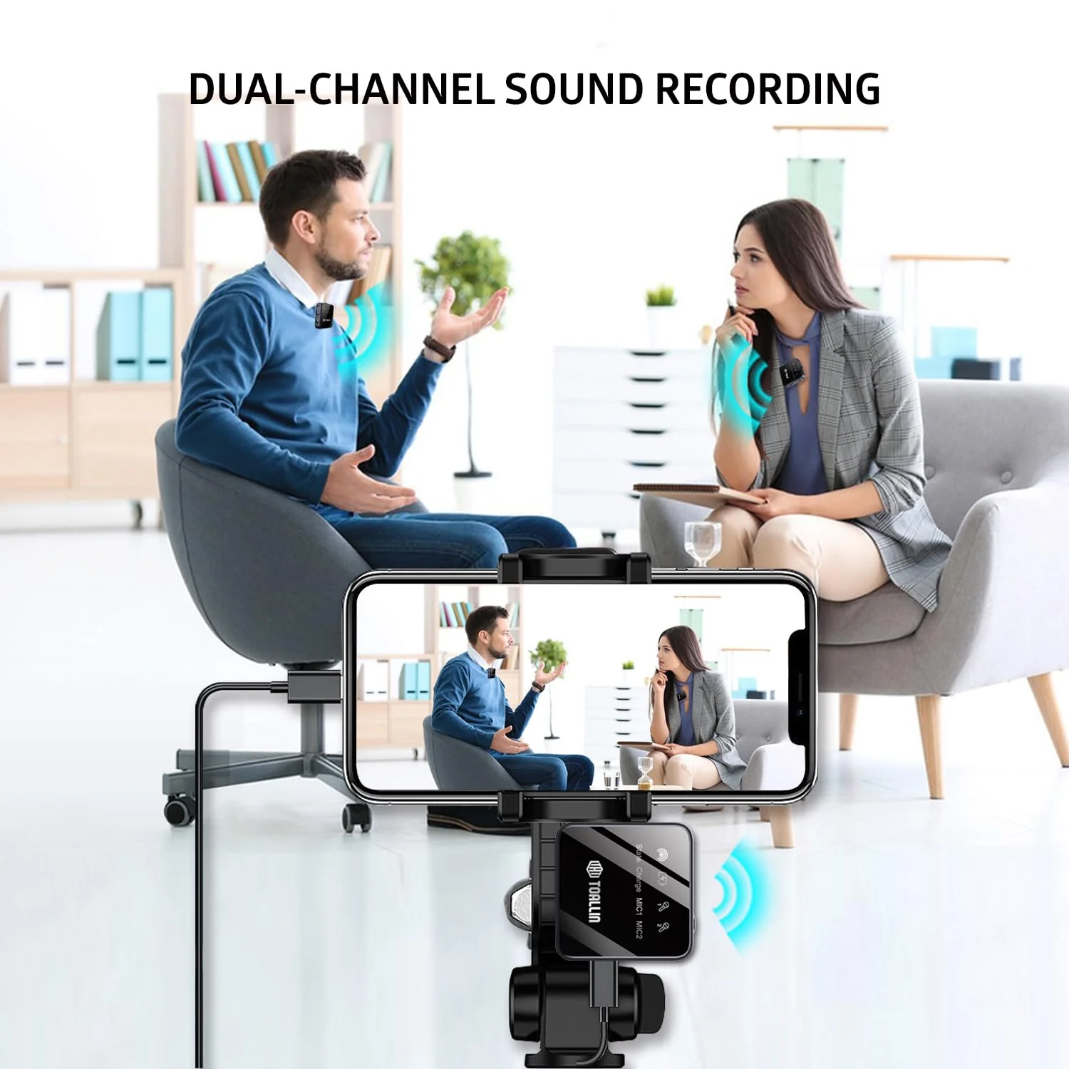 TOALLIN TM7 Wireless Lavalier Microphone with Charging Case, Dual Channel Wireless Lapel Mic with Noise-Cancellation for Smartphones & Cameras, Lavalier Mic for Vlogging, Interview and Recording - Image 2