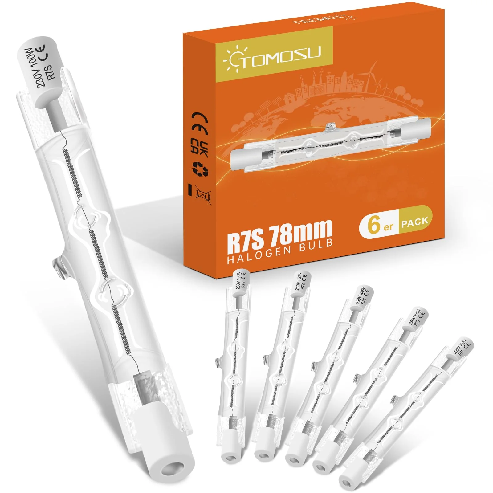 Tomosu R7s Halogen Rod 78 mm 100 W Dimmable Halogen Light Bulbs R7s Warm White 2800K 1800LM 230V J78 Halogen Floodlight for Work Lights, Landscape Lights, Floor Lamps Pack of 6 78mm 100W