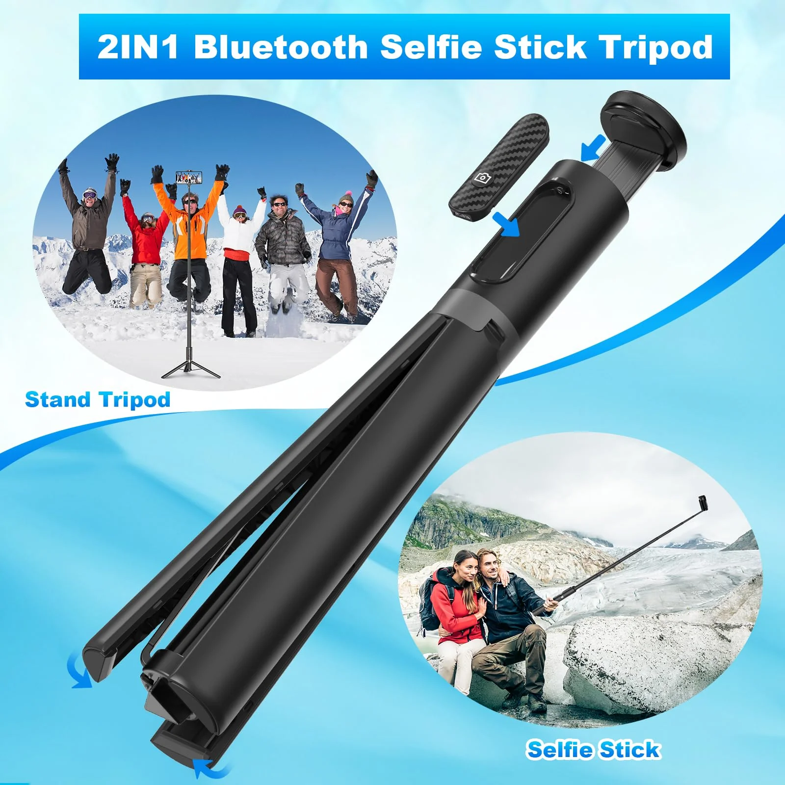 TONEOF Tripod, Cell Phone Selfie Stick, 60 Inch All-in-1 Stand with Integrated Wireless Remote, Lightweight and Portable, Extendable Tripod for 4-7 Inch iPhone and Android(Black Grey) Black Grey - Image 2