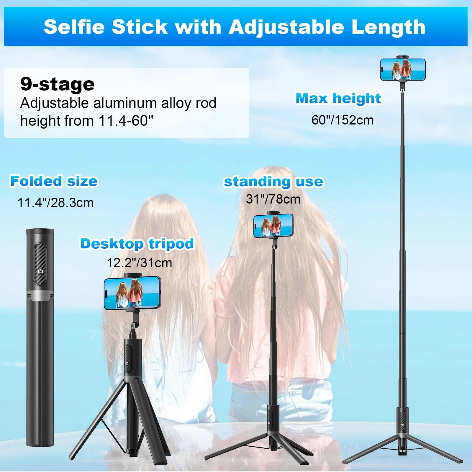 TONEOF Tripod, Cell Phone Selfie Stick, 60 Inch All-in-1 Stand with Integrated Wireless Remote, Lightweight and Portable, Extendable Tripod for 4-7 Inch iPhone and Android(Black Grey) Black Grey - Image 3