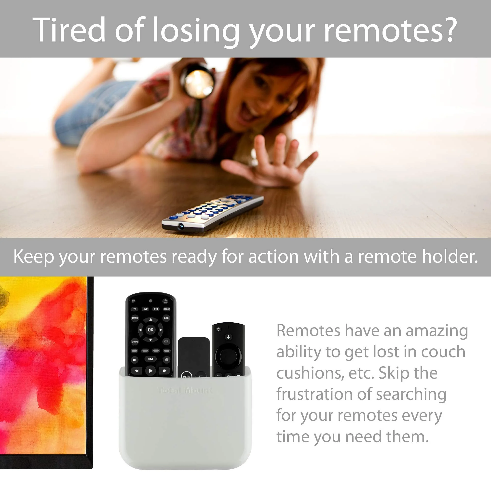 TotalMount Hole-Free Remote Holder - Eliminates Need to Drill Holes in Your Wall (For 2 or 3 Remotes - White - Quantity 1) - Image 2