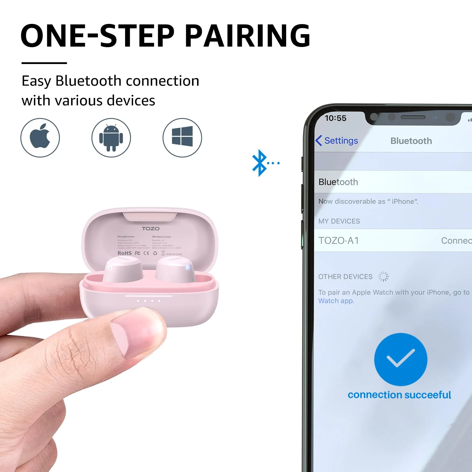 TOZO A1 Mini Bluetooth 5.3 Wireless Earbuds with Charging Case - IPX5 Waterproof, Premium Sound, Built-in Mic Rose Gold - Image 3