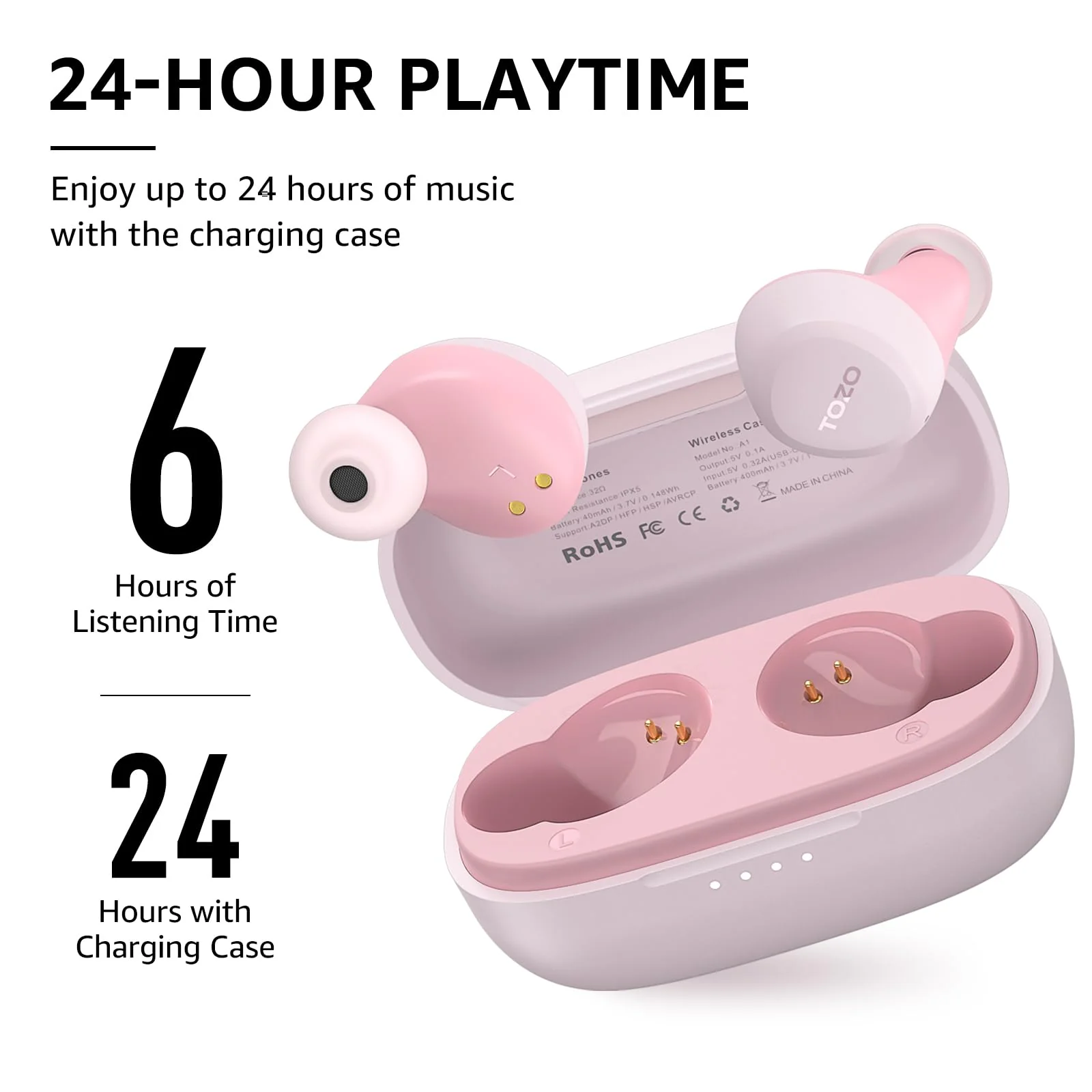 TOZO A1 Mini Bluetooth 5.3 Wireless Earbuds with Charging Case - IPX5 Waterproof, Premium Sound, Built-in Mic Rose Gold - Image 4