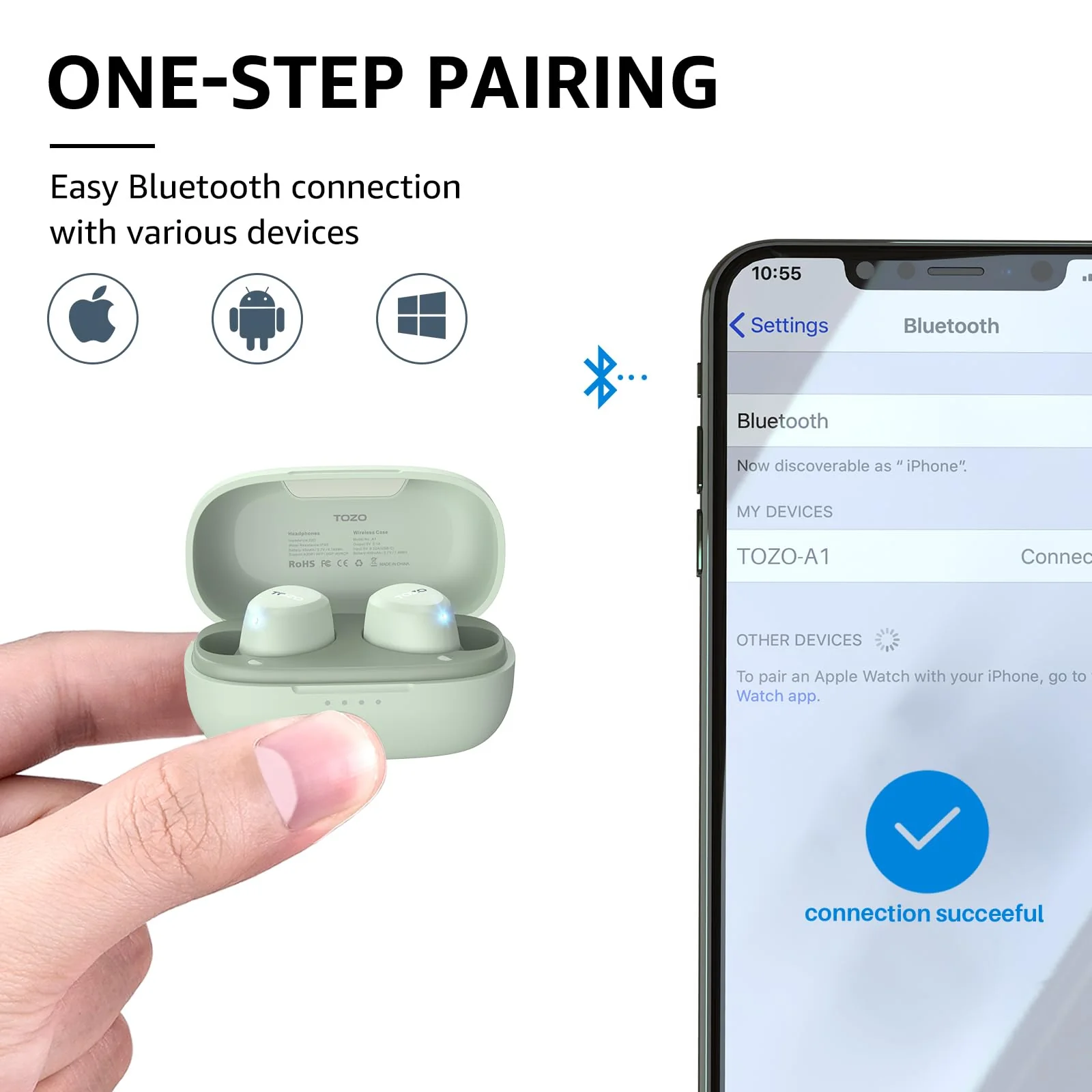 TOZO A1 Mini Wireless Earbuds Bluetooth 5.3 in Ear Light-Weight Headphones Built-in Microphone, IPX5 Waterproof, Immersive Premium Sound Long Distance Connection Headset with Charging Case, Green - Image 4
