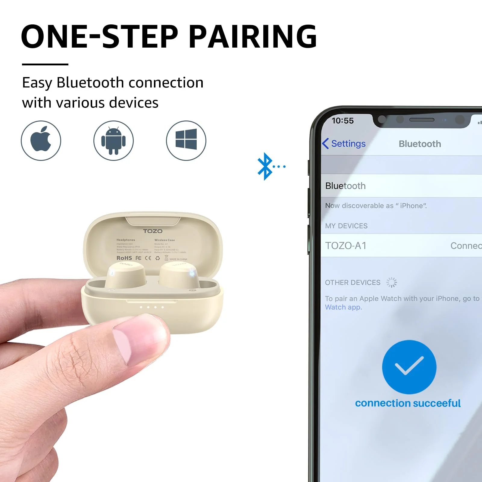 TOZO A1 Mini Wireless Earbuds Bluetooth 5.3 in Ear Light-Weight Headphones Built-in Microphone, IPX5 Waterproof, Immersive Premium Sound Long Distance Connection Headset with Charging Case, Khaki - Image 5
