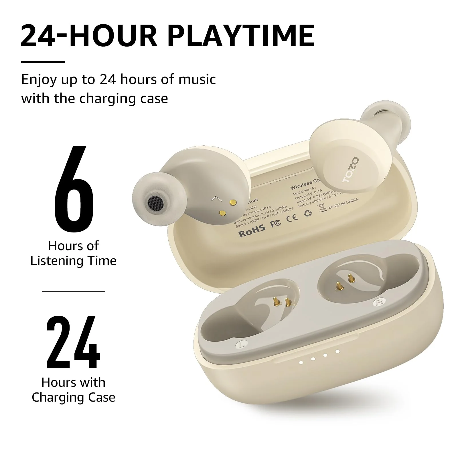 TOZO A1 Mini Wireless Earbuds Bluetooth 5.3 in Ear Light-Weight Headphones Built-in Microphone, IPX5 Waterproof, Immersive Premium Sound Long Distance Connection Headset with Charging Case, Khaki - Image 6