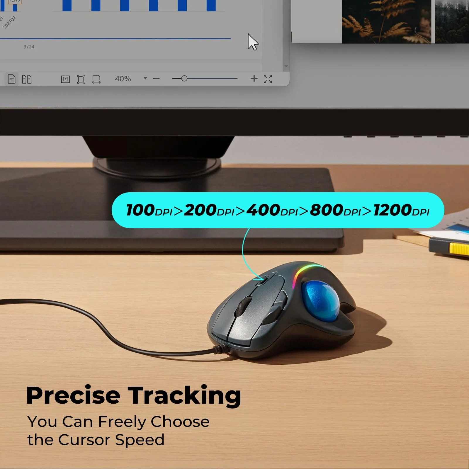 Trackball Mouse Wired, Ergonomic Comfort Design Reduces Muscle Strain, USB Plug&Play, Easy Thumb Control, Precision Tracking with 5 Adjustable DPI, RGB Rollerball Mouse Compatible for PC, Mac, Windows A-Blue - Image 4