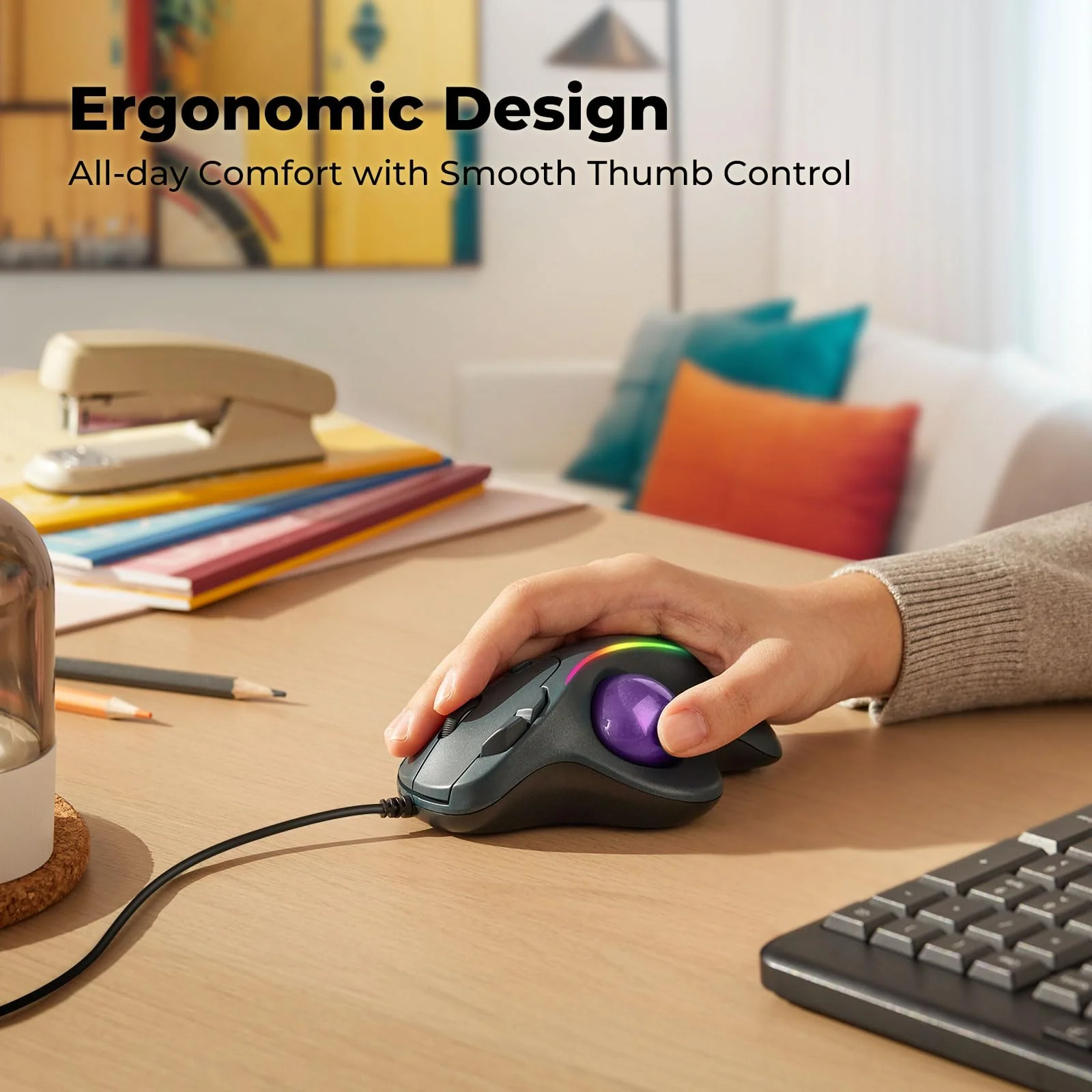Trackball Mouse Wired, Ergonomic Comfort Design Reduces Muscle Strain, USB Plug&Play, Easy Thumb Control, Precision Tracking with 5 Adjustable DPI, RGB Rollerball Mouse Compatible for PC, Mac, Windows B-Purple - Image 2